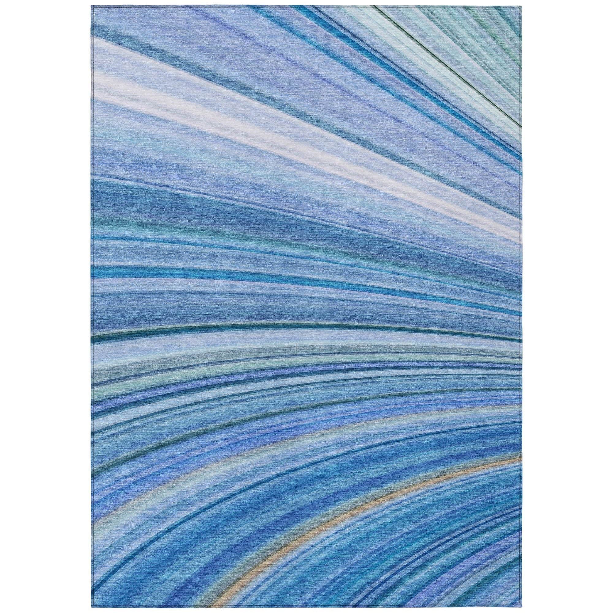 Machine Washable Blue Rug - Indoor / Outdoor - Kids / Pet Friendly Waves Print Rug