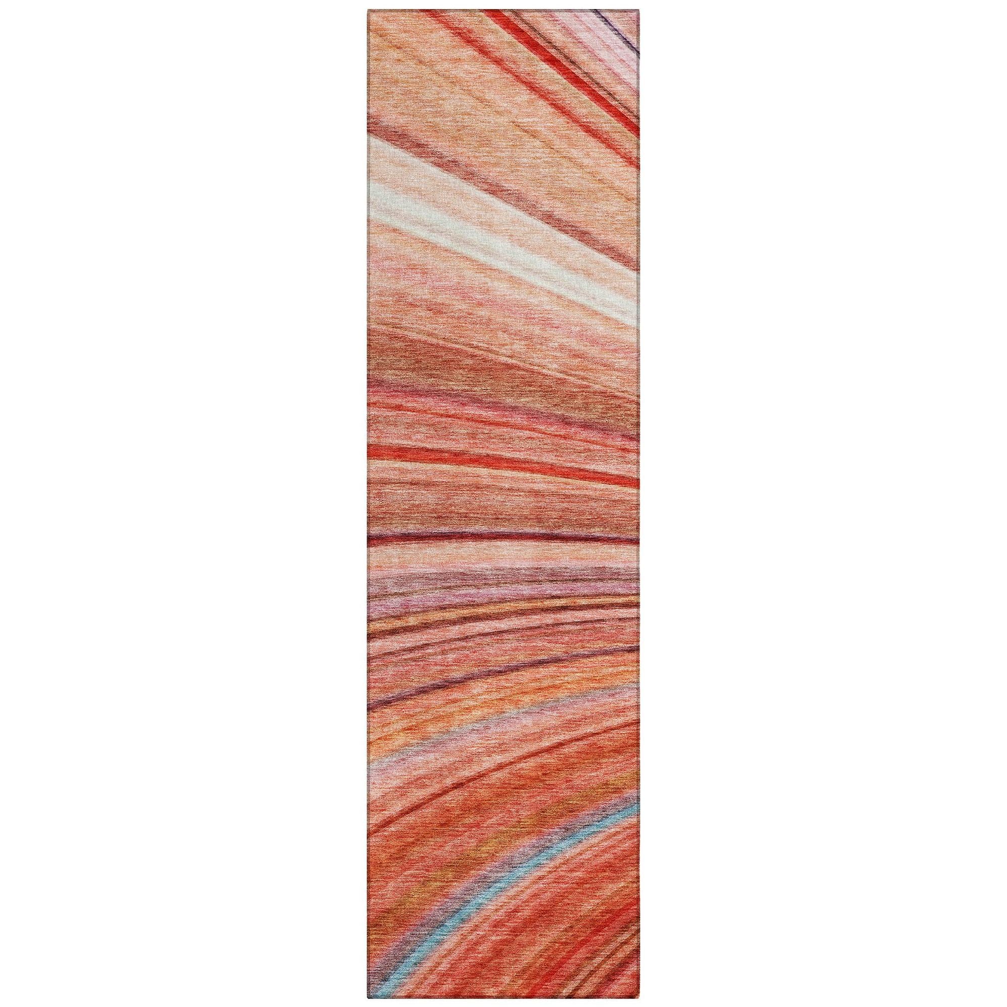 Machine Washable Terracotta Orange Rug - Indoor / Outdoor - Kids / Pet Friendly Waves Print Rug