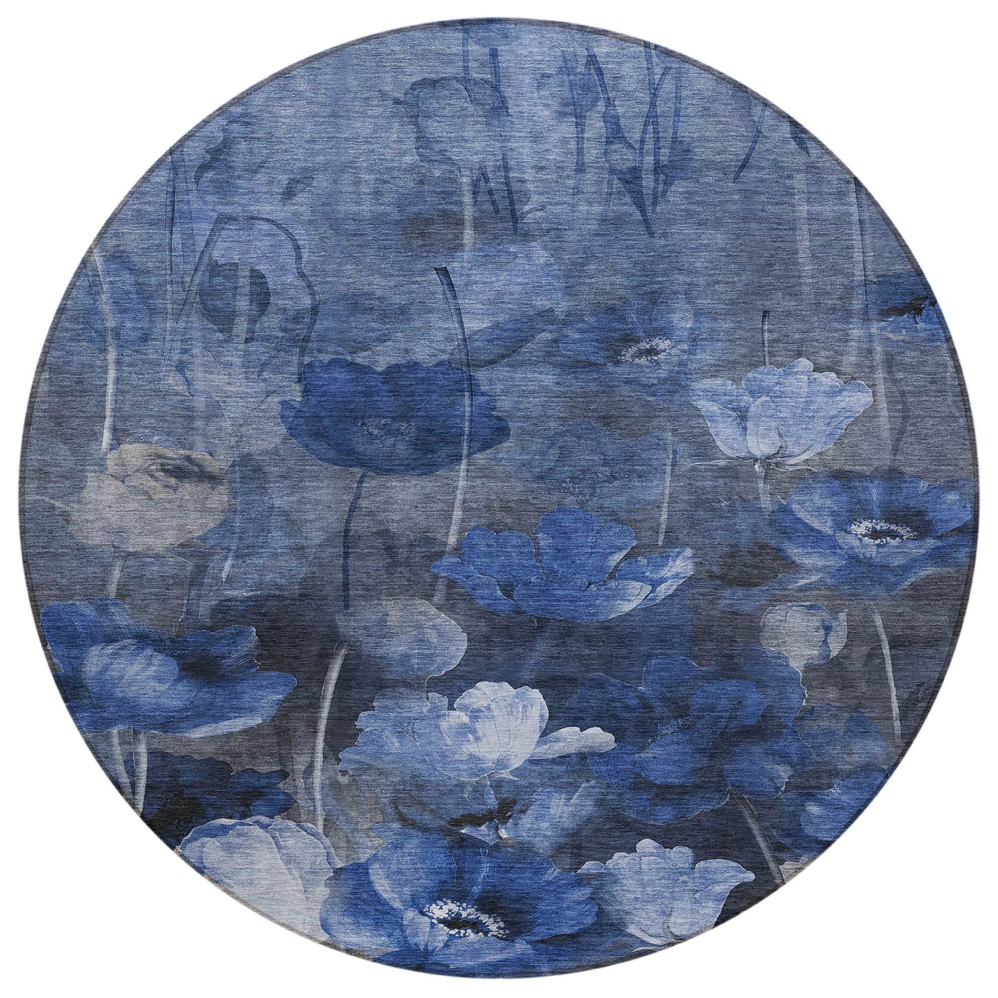 Machine Washable Blue Rug - Indoor / Outdoor - Kids / Pet Friendly Floral Print Rug