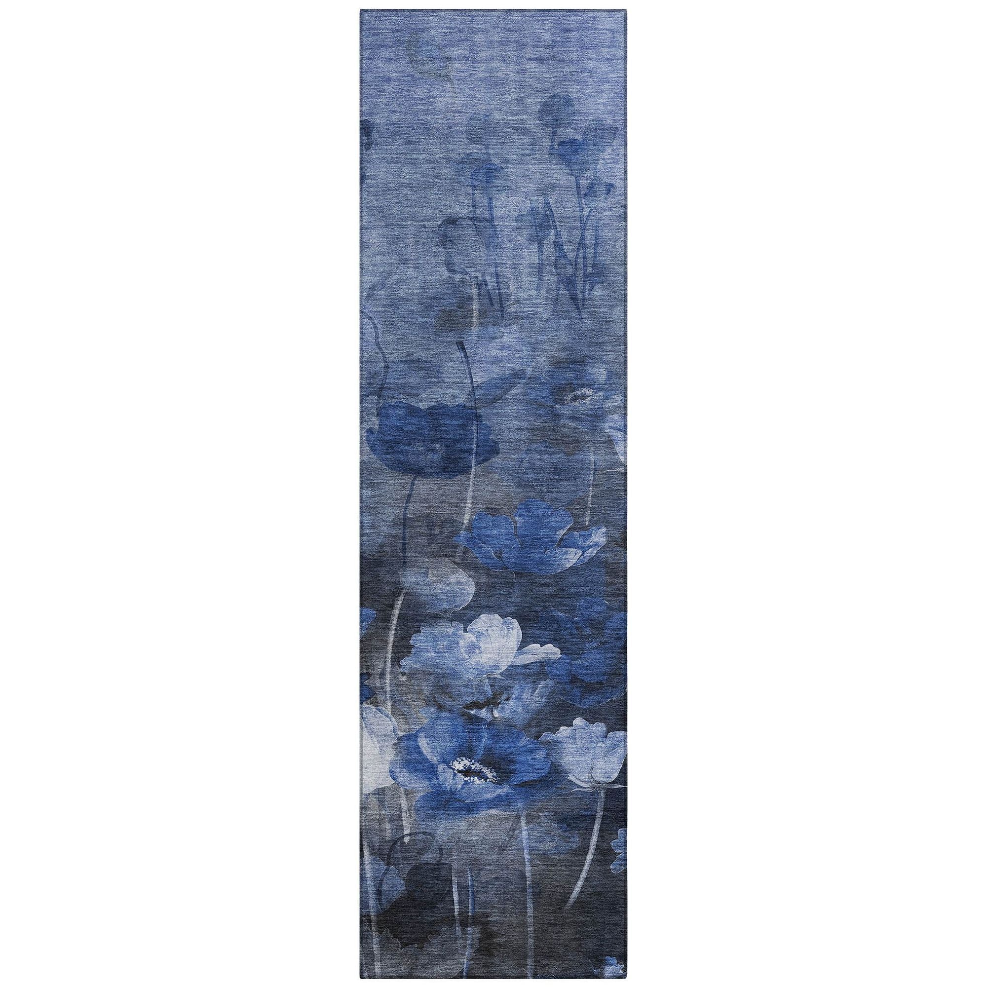 Machine Washable Blue Rug - Indoor / Outdoor - Kids / Pet Friendly Floral Print Rug