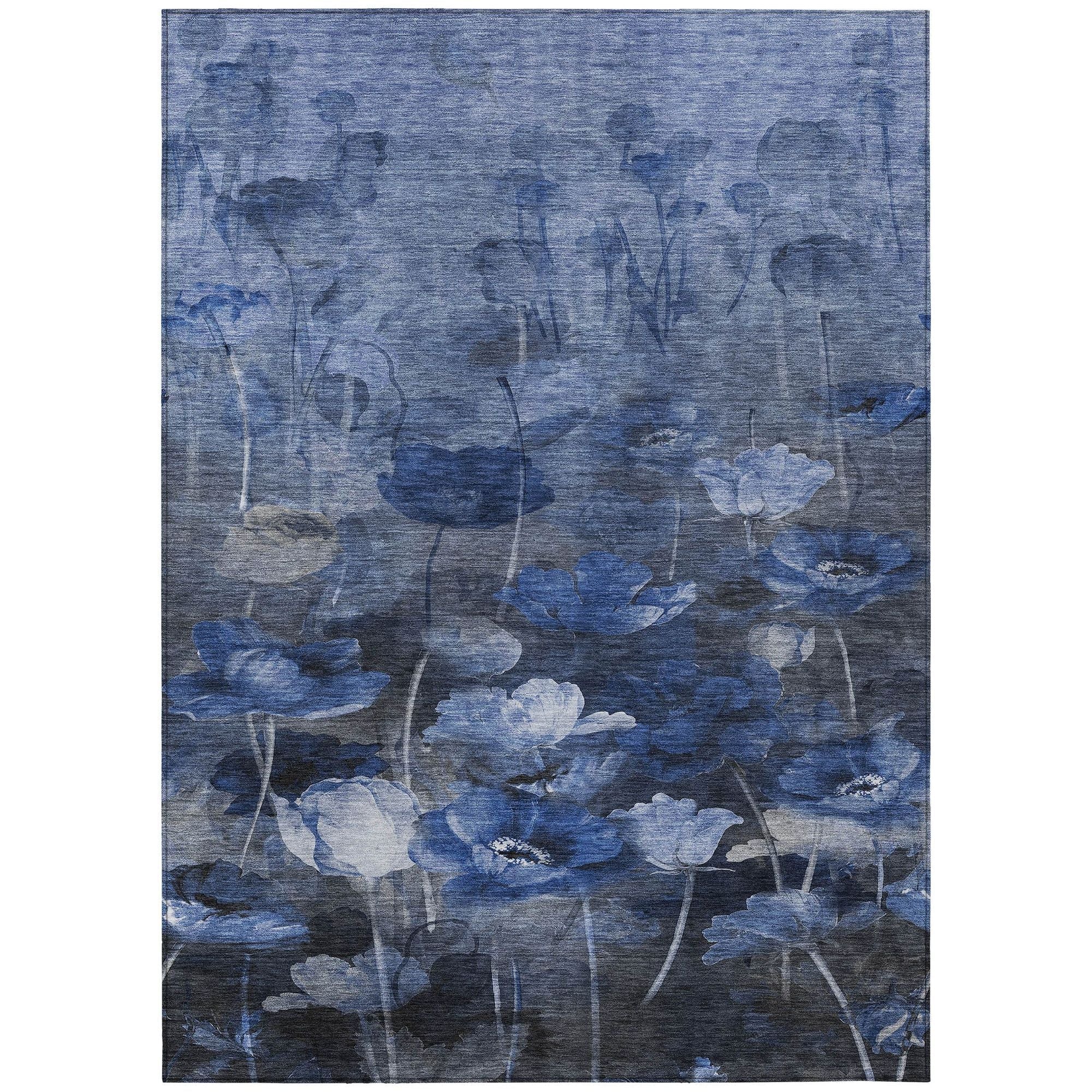 Machine Washable Blue Rug - Indoor / Outdoor - Kids / Pet Friendly Floral Print Rug