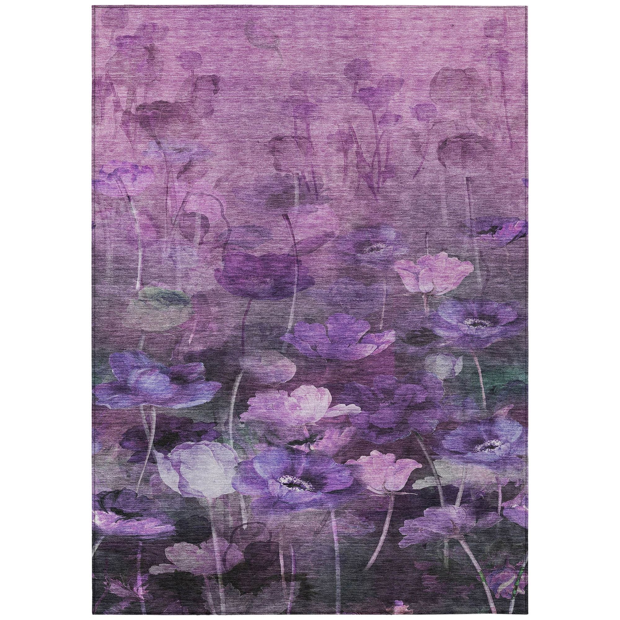 Machine Washable Purple Rug - Indoor / Outdoor - Kids / Pet Friendly Floral Print Rug