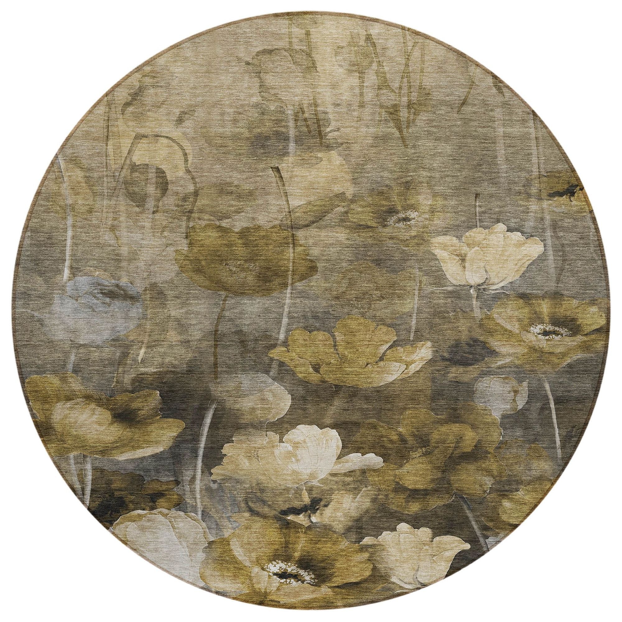 Machine Washable Taupe Brown Rug - Indoor / Outdoor - Kids / Pet Friendly Floral Print Rug