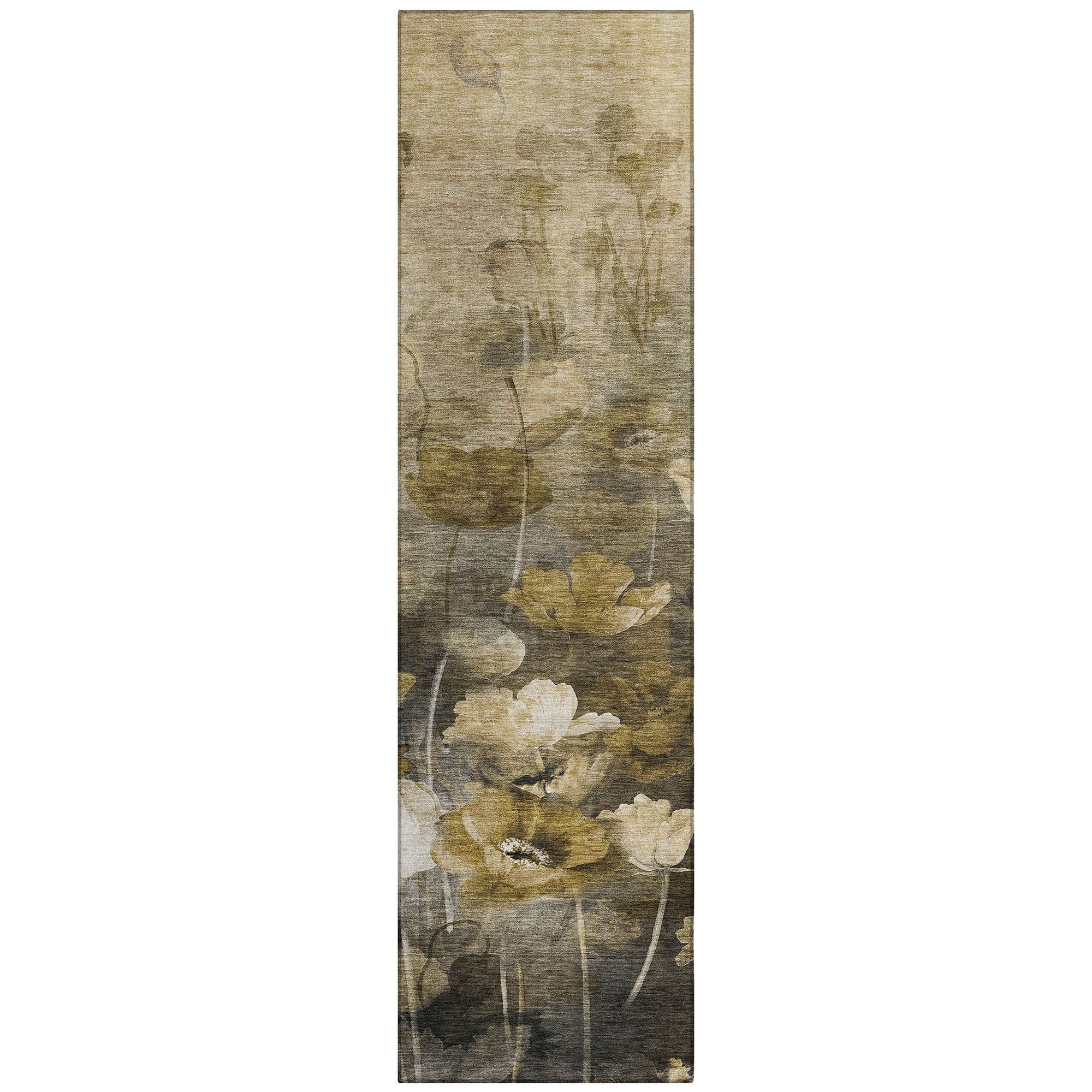 Machine Washable Taupe Brown Rug - Indoor / Outdoor - Kids / Pet Friendly Floral Print Rug