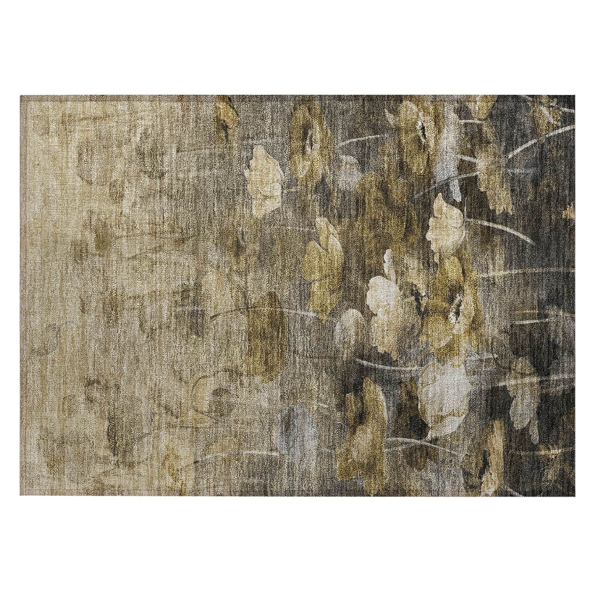 Machine Washable Taupe Brown Rug - Indoor / Outdoor - Kids / Pet Friendly Floral Print Rug