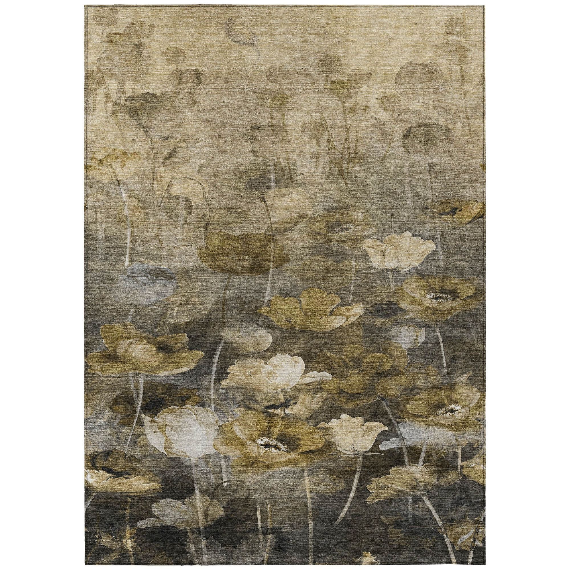 Machine Washable Taupe Brown Rug - Indoor / Outdoor - Kids / Pet Friendly Floral Print Rug