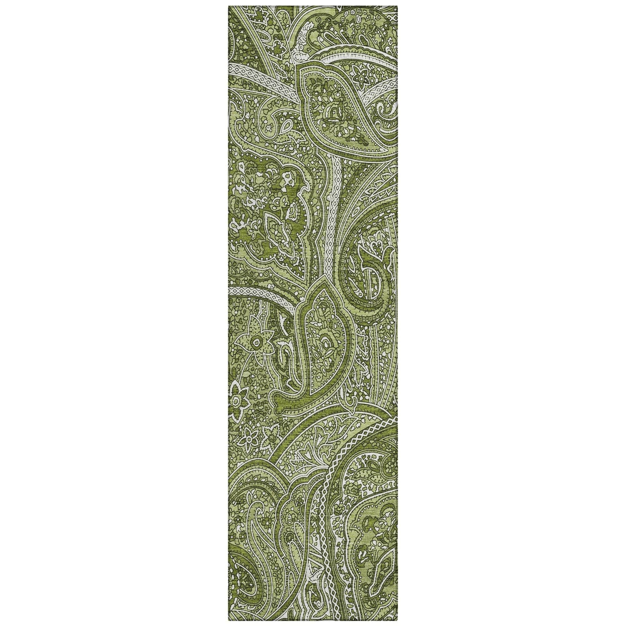 Machine Washable Green Rug - Indoor / Outdoor - Kids / Pet Friendly Paisley Print Rug