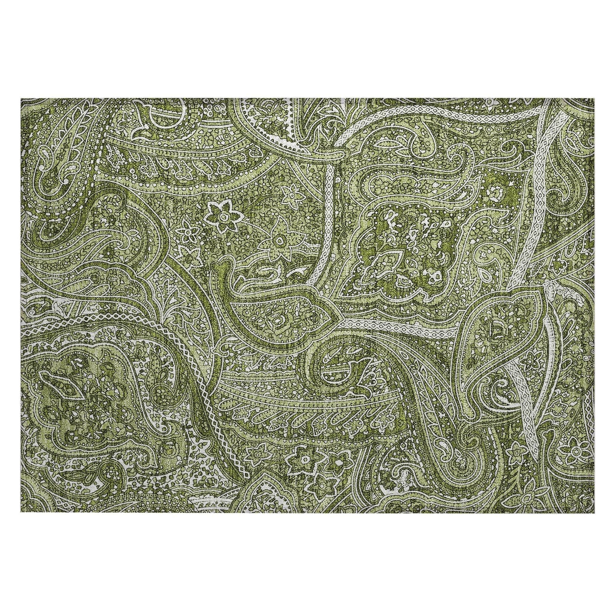 Machine Washable Green Rug - Indoor / Outdoor - Kids / Pet Friendly Paisley Print Rug