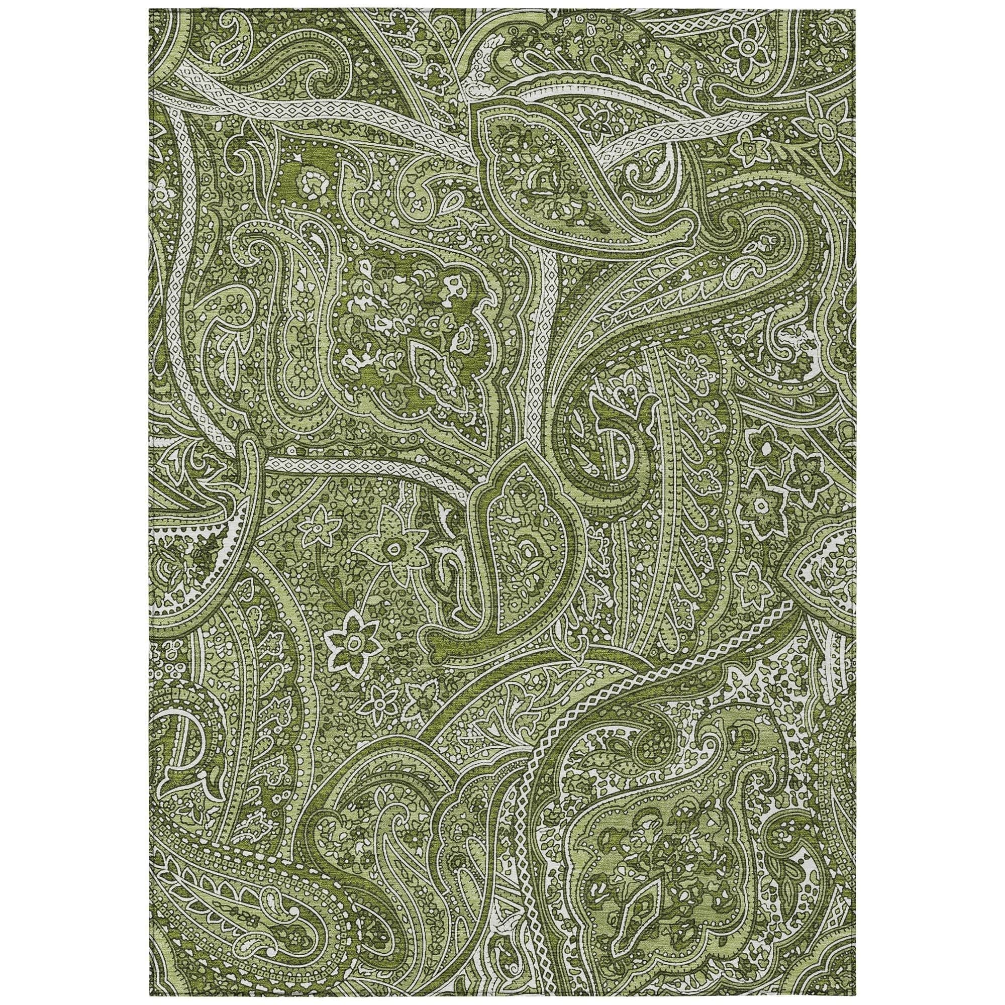 Machine Washable Green Rug - Indoor / Outdoor - Kids / Pet Friendly Paisley Print Rug