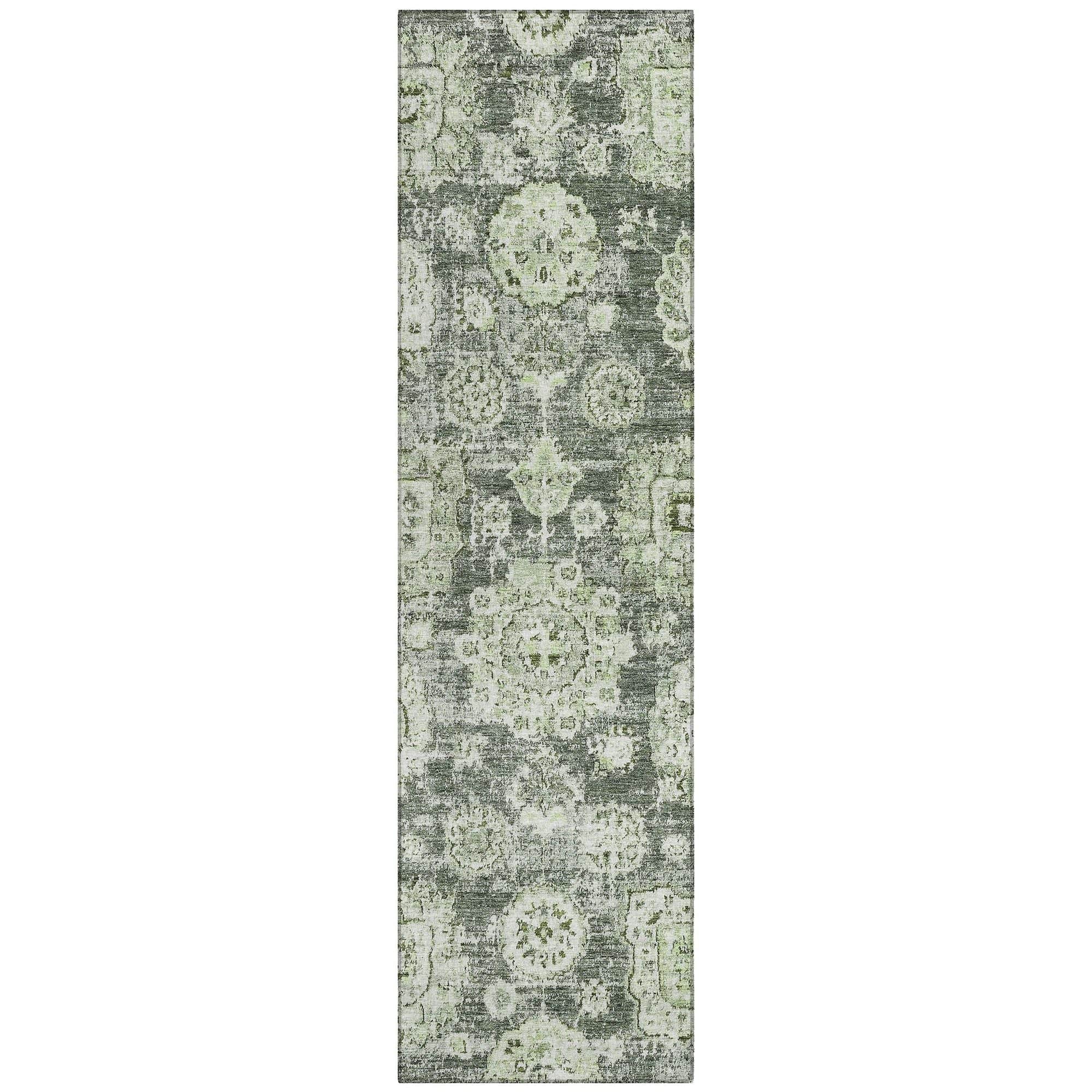 Machine Washable Aloe Green Rug - Indoor / Outdoor - Kids / Pet Friendly Floral Print Rug