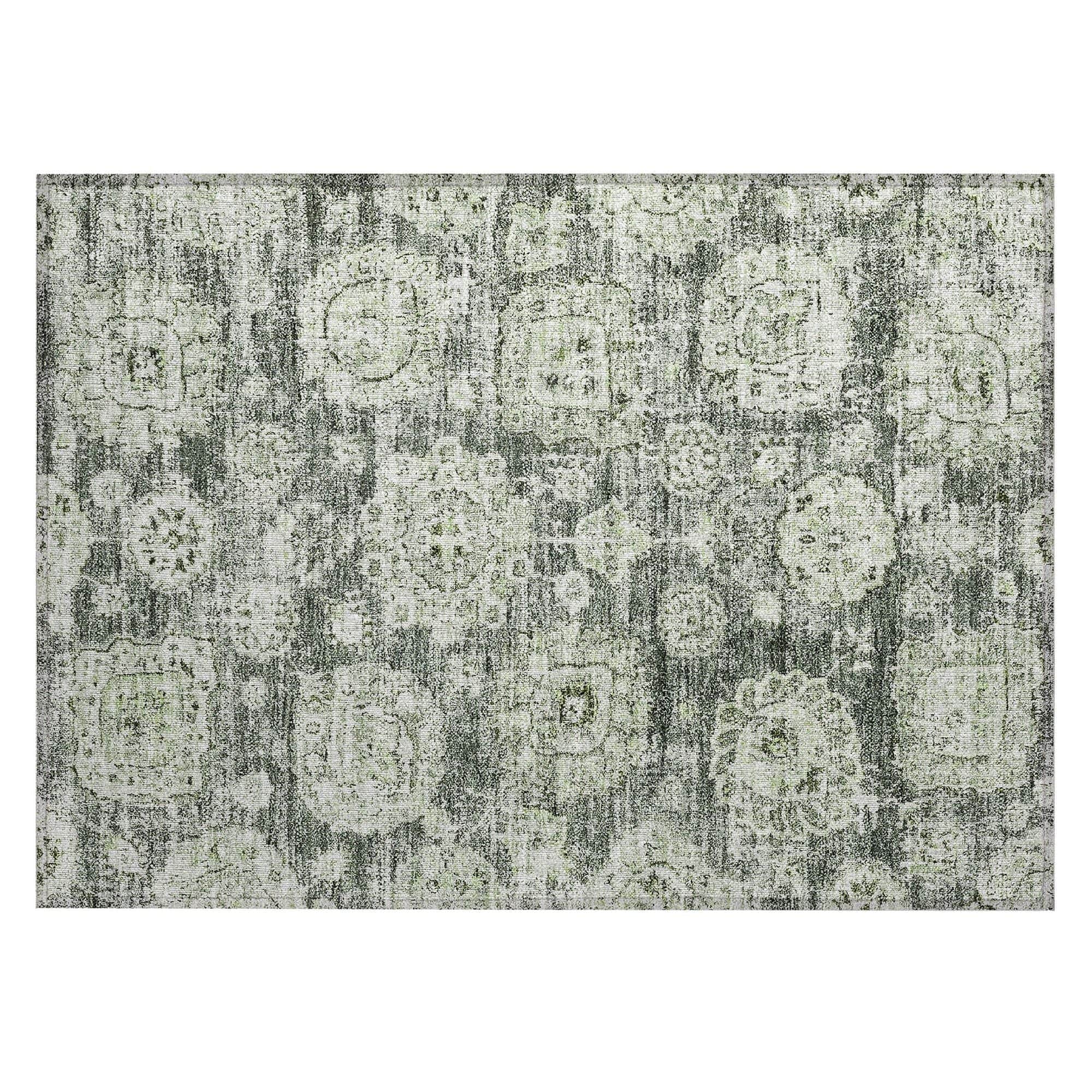 Machine Washable Aloe Green Rug - Indoor / Outdoor - Kids / Pet Friendly Floral Print Rug