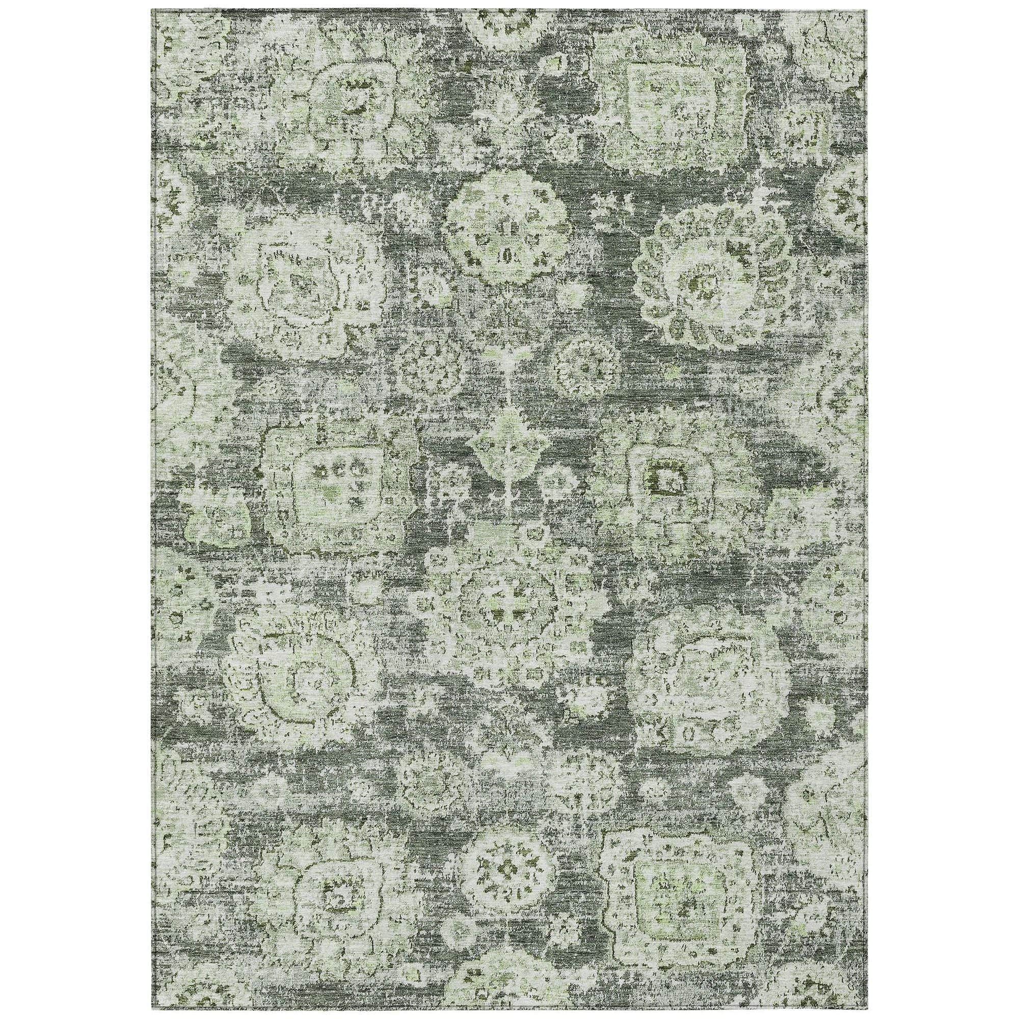Machine Washable Aloe Green Rug - Indoor / Outdoor - Kids / Pet Friendly Floral Print Rug