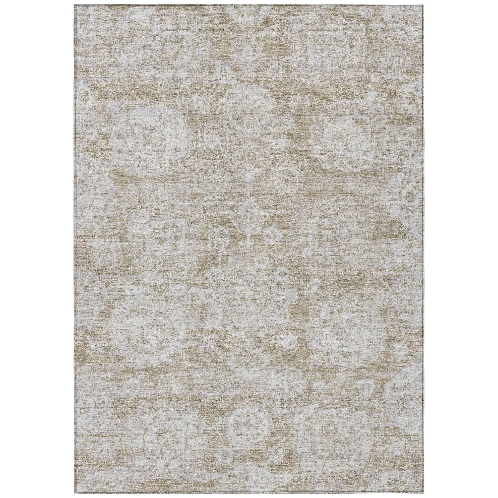 Machine Washable Beige Brown Rug - Indoor / Outdoor - Kids / Pet Friendly Floral Print Rug
