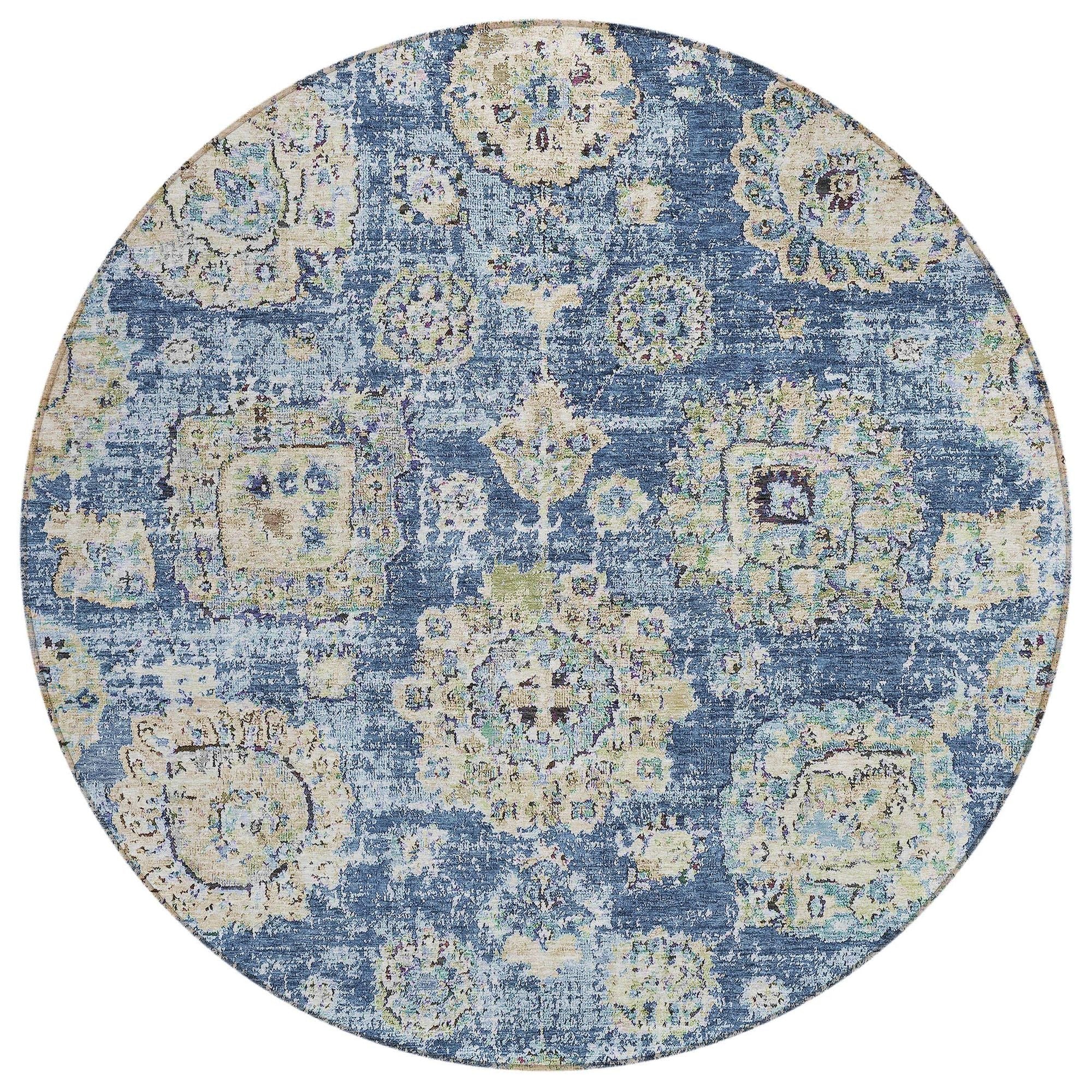 Machine Washable Blue Rug - Indoor / Outdoor - Kids / Pet Friendly Floral Print Rug