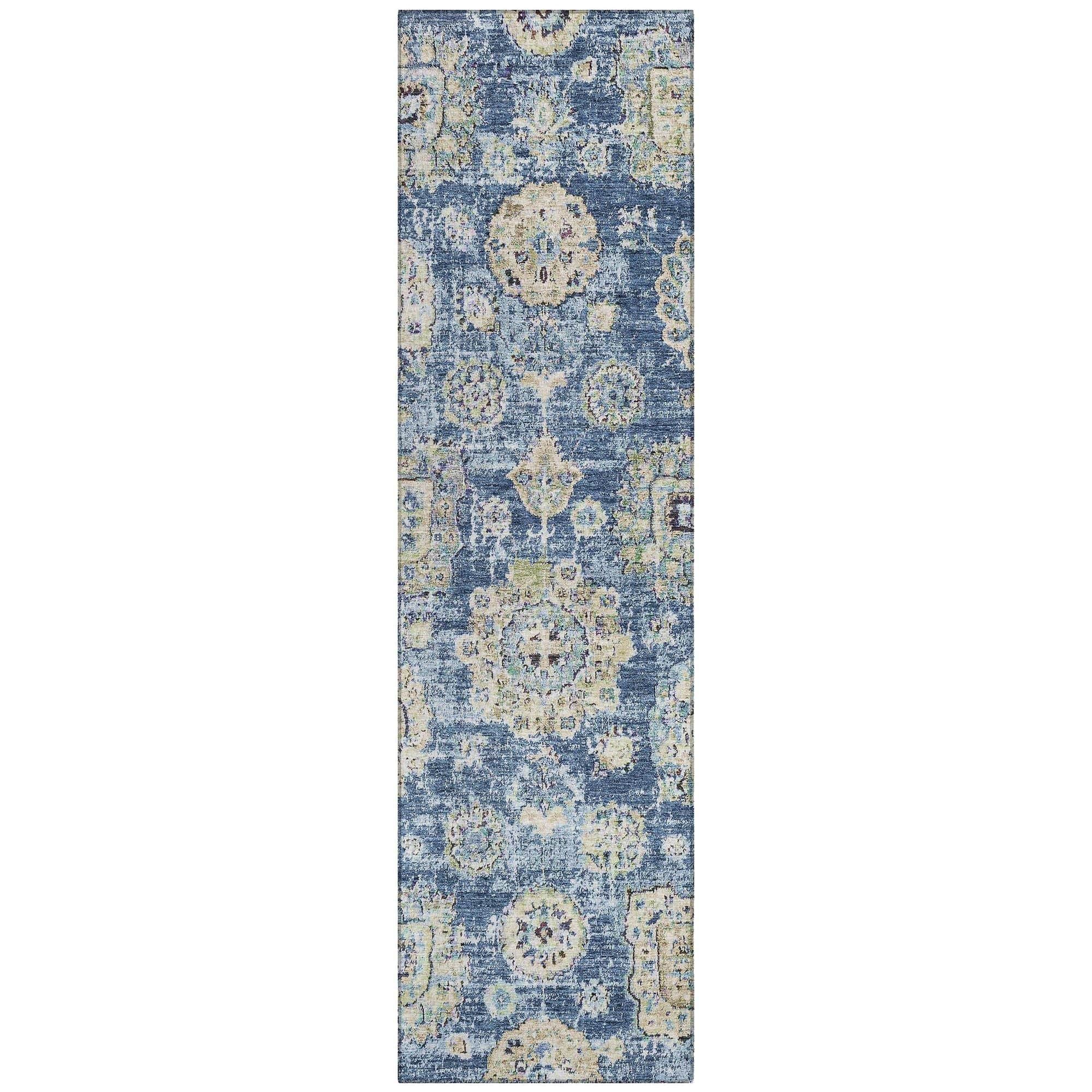 Machine Washable Blue Rug - Indoor / Outdoor - Kids / Pet Friendly Floral Print Rug