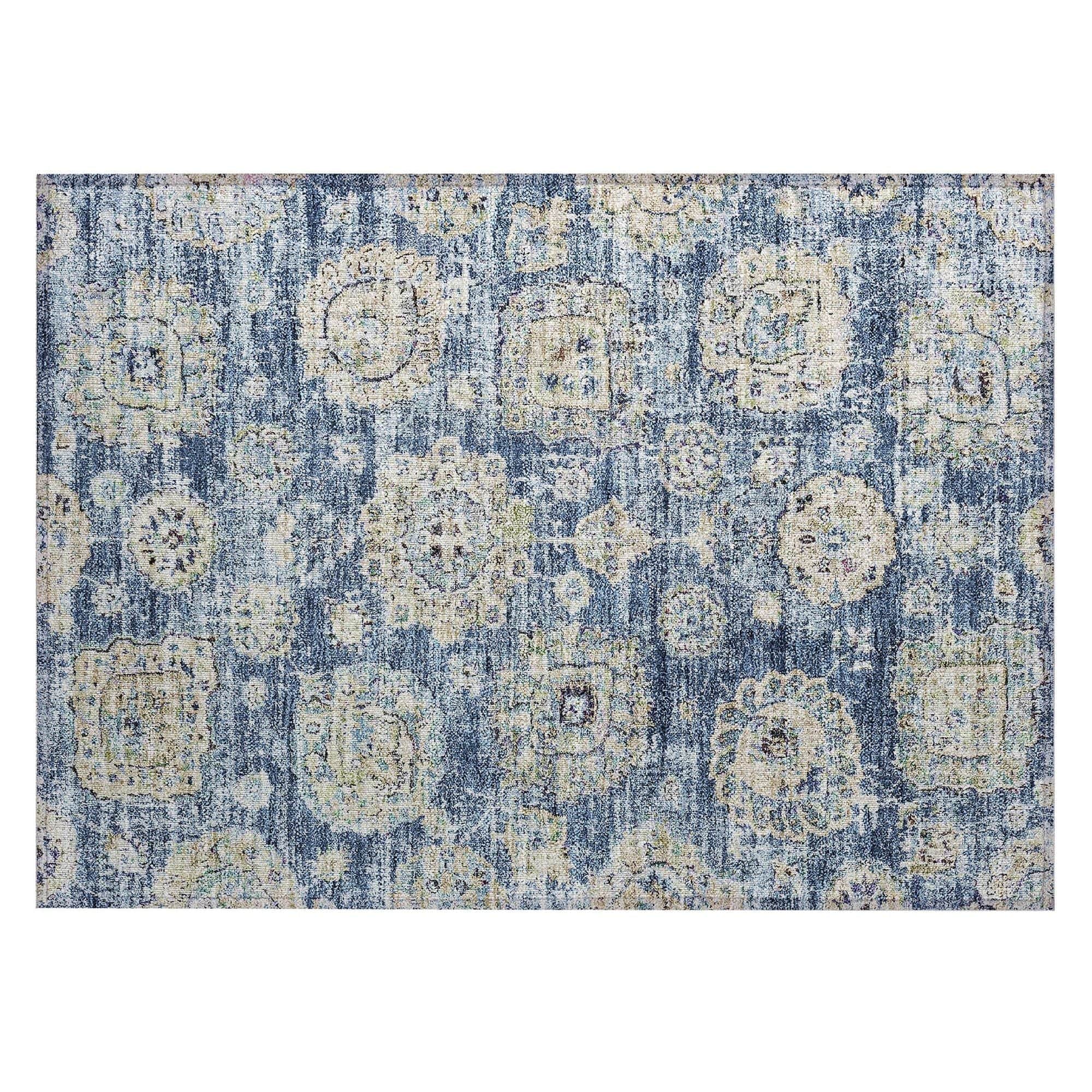 Machine Washable Blue Rug - Indoor / Outdoor - Kids / Pet Friendly Floral Print Rug