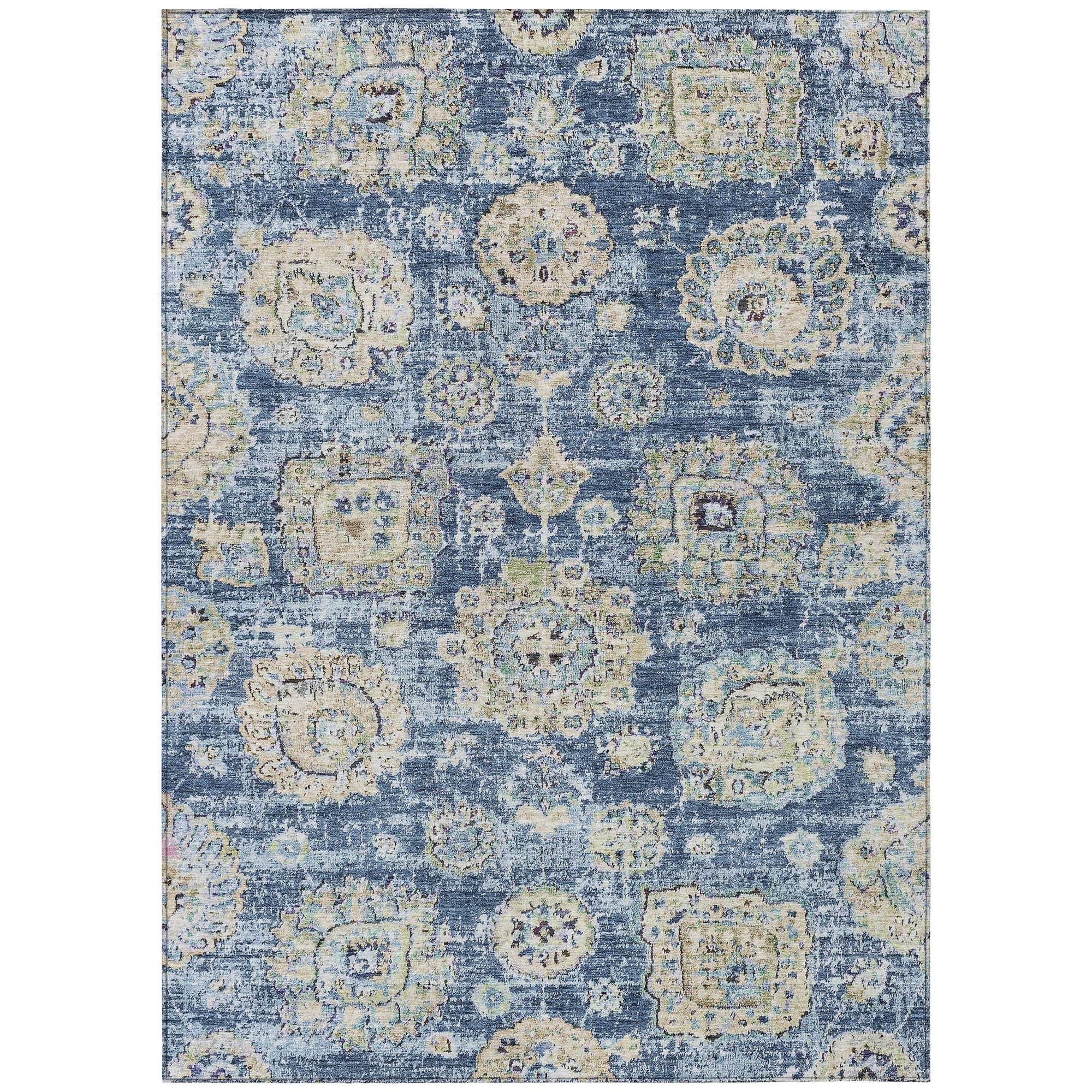 Machine Washable Blue Rug - Indoor / Outdoor - Kids / Pet Friendly Floral Print Rug