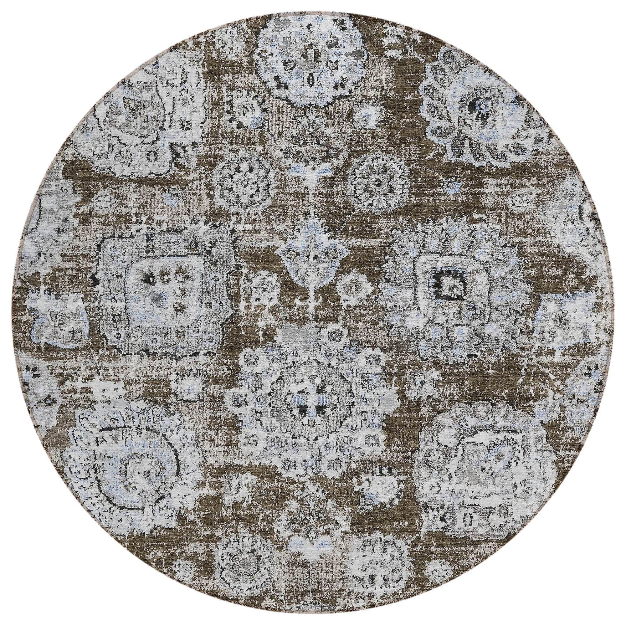 Machine Washable Chocolate Brown Rug - Indoor / Outdoor - Kids / Pet Friendly Floral Print Rug