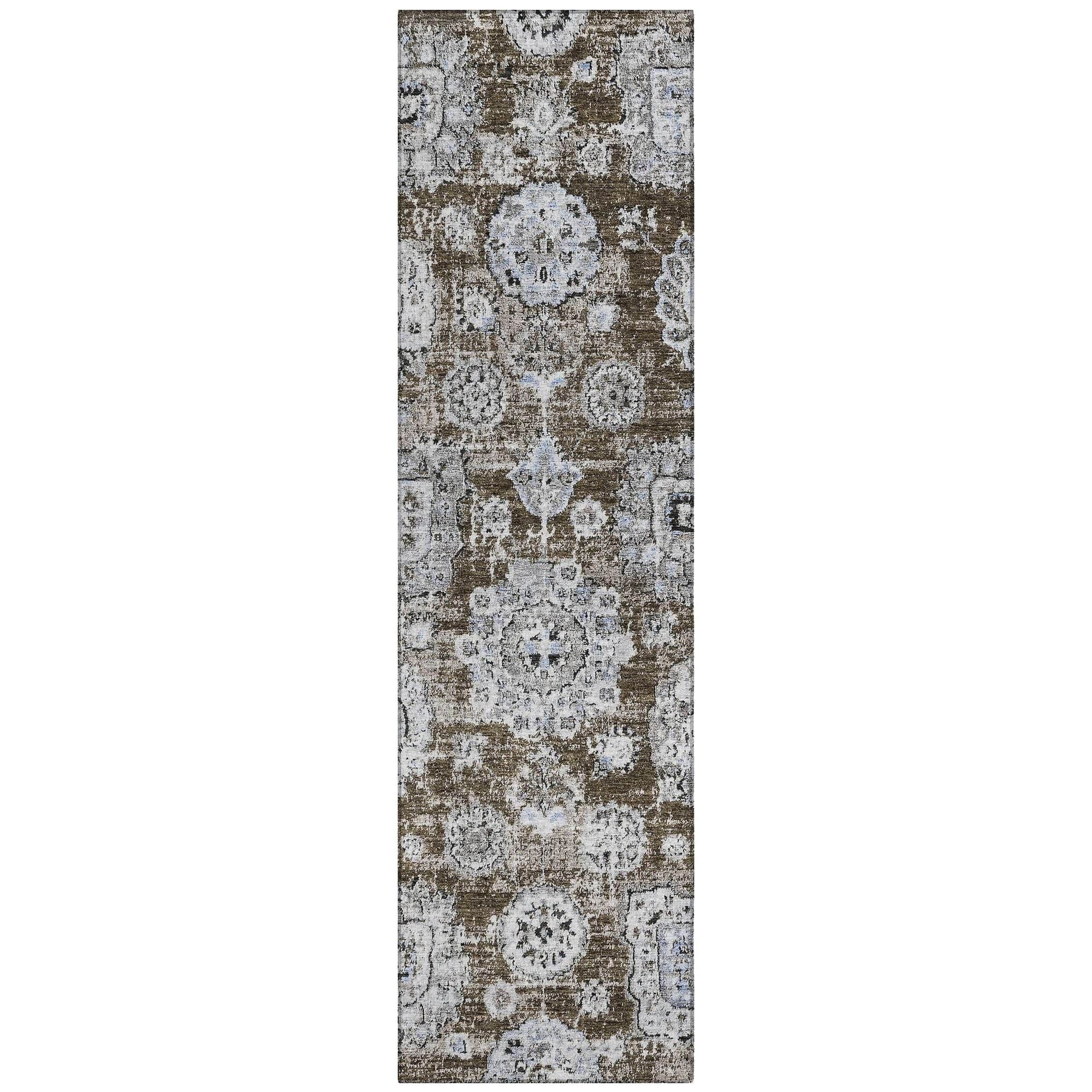 Machine Washable Chocolate Brown Rug - Indoor / Outdoor - Kids / Pet Friendly Floral Print Rug