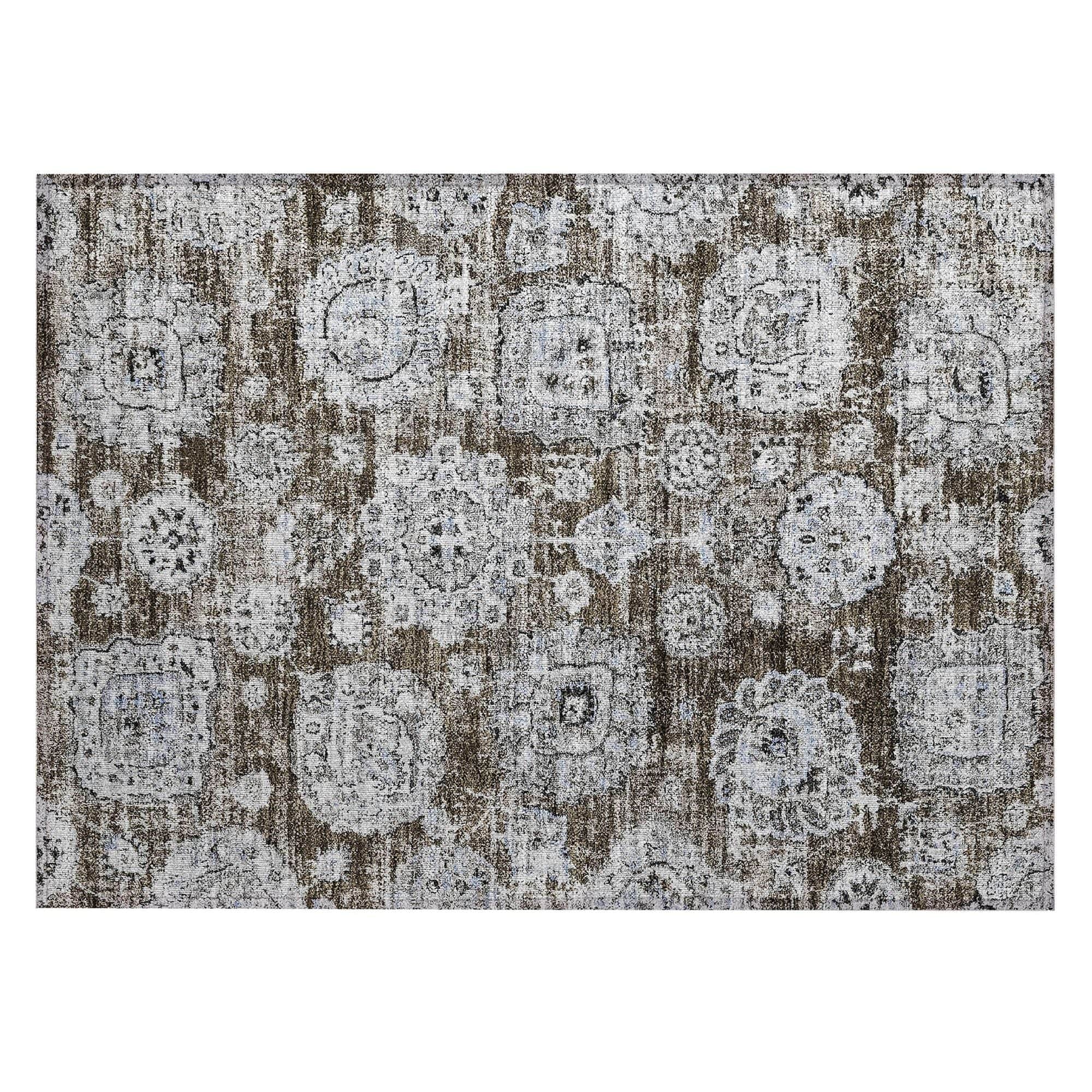 Machine Washable Chocolate Brown Rug - Indoor / Outdoor - Kids / Pet Friendly Floral Print Rug