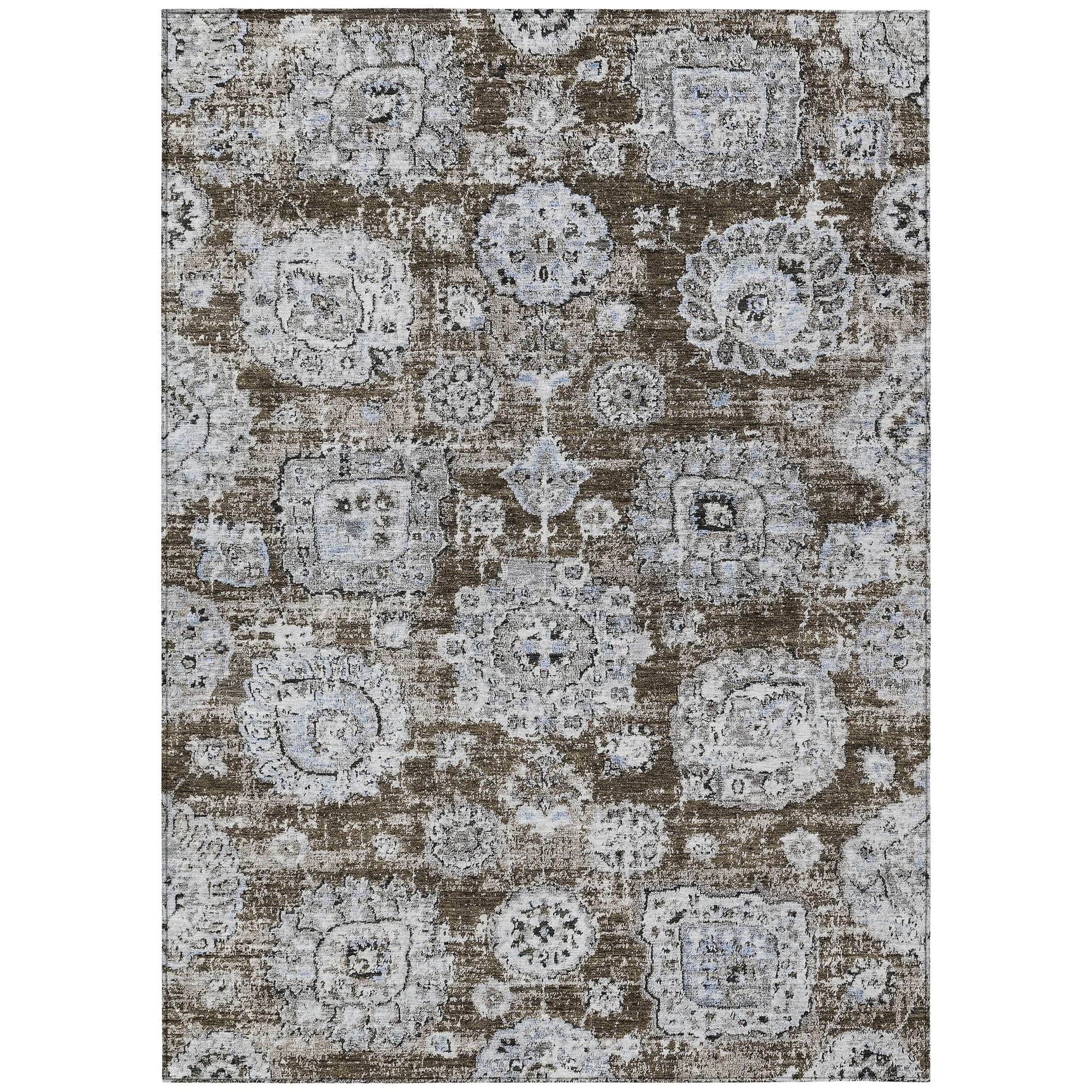 Machine Washable Chocolate Brown Rug - Indoor / Outdoor - Kids / Pet Friendly Floral Print Rug