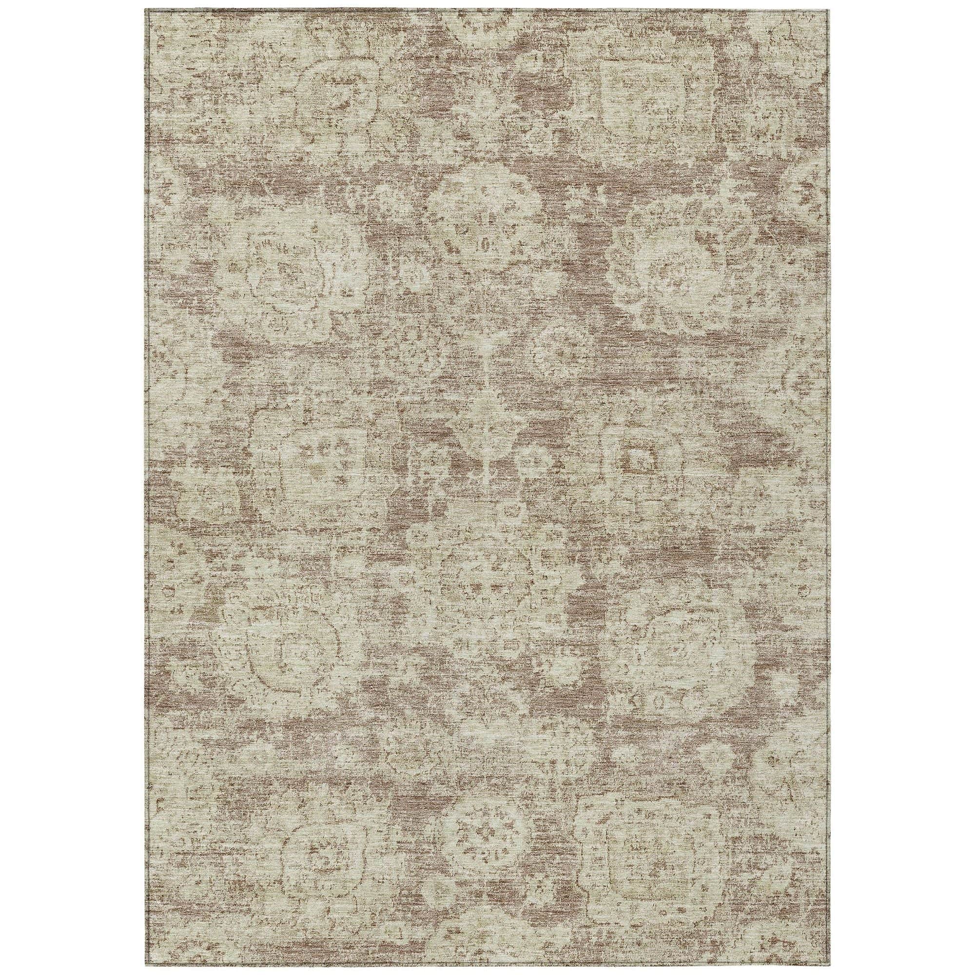 Machine Washable Mocha Brown Rug - Indoor / Outdoor - Kids / Pet Friendly Floral Print Rug