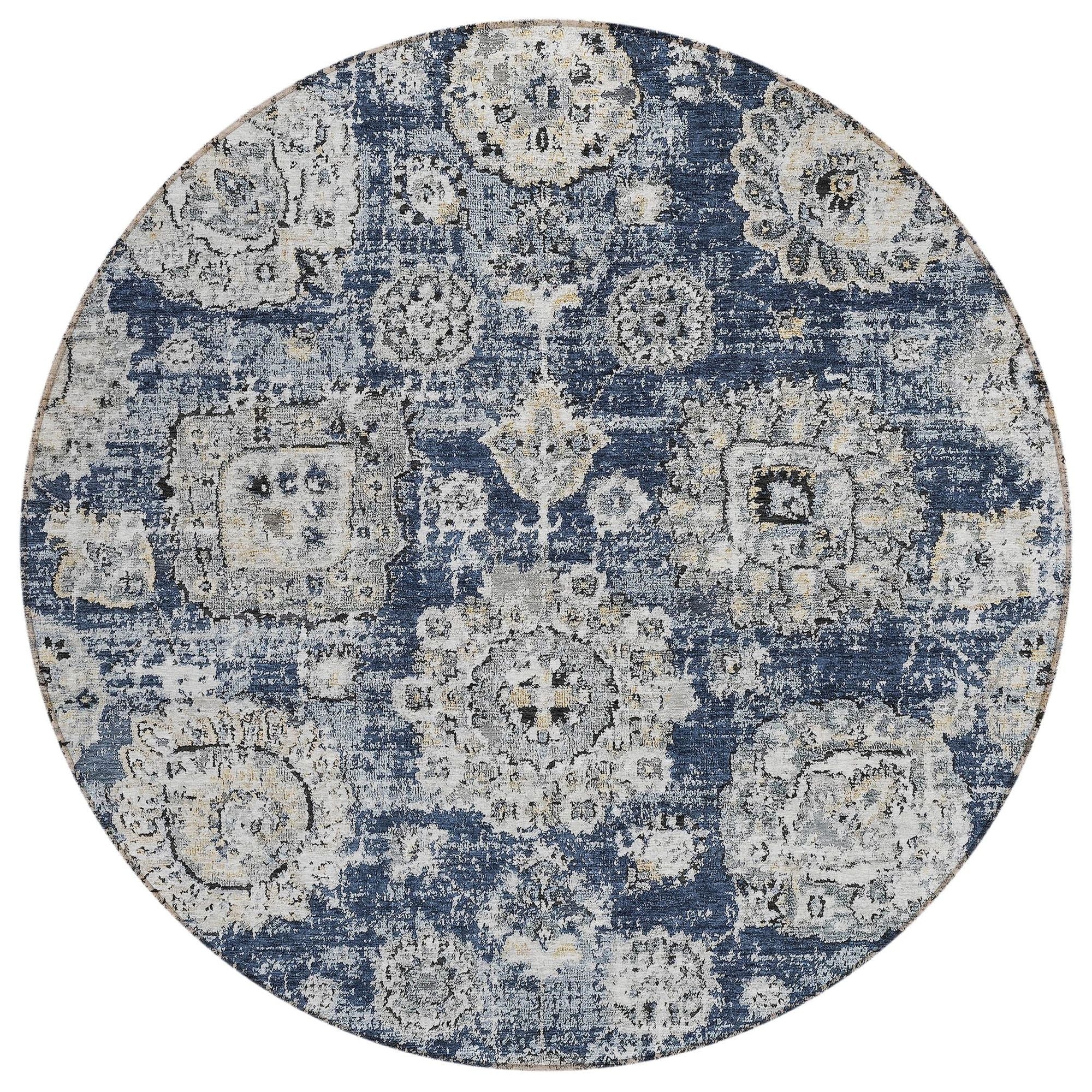 Machine Washable Navy Blue Rug - Indoor / Outdoor - Kids / Pet Friendly Floral Print Rug