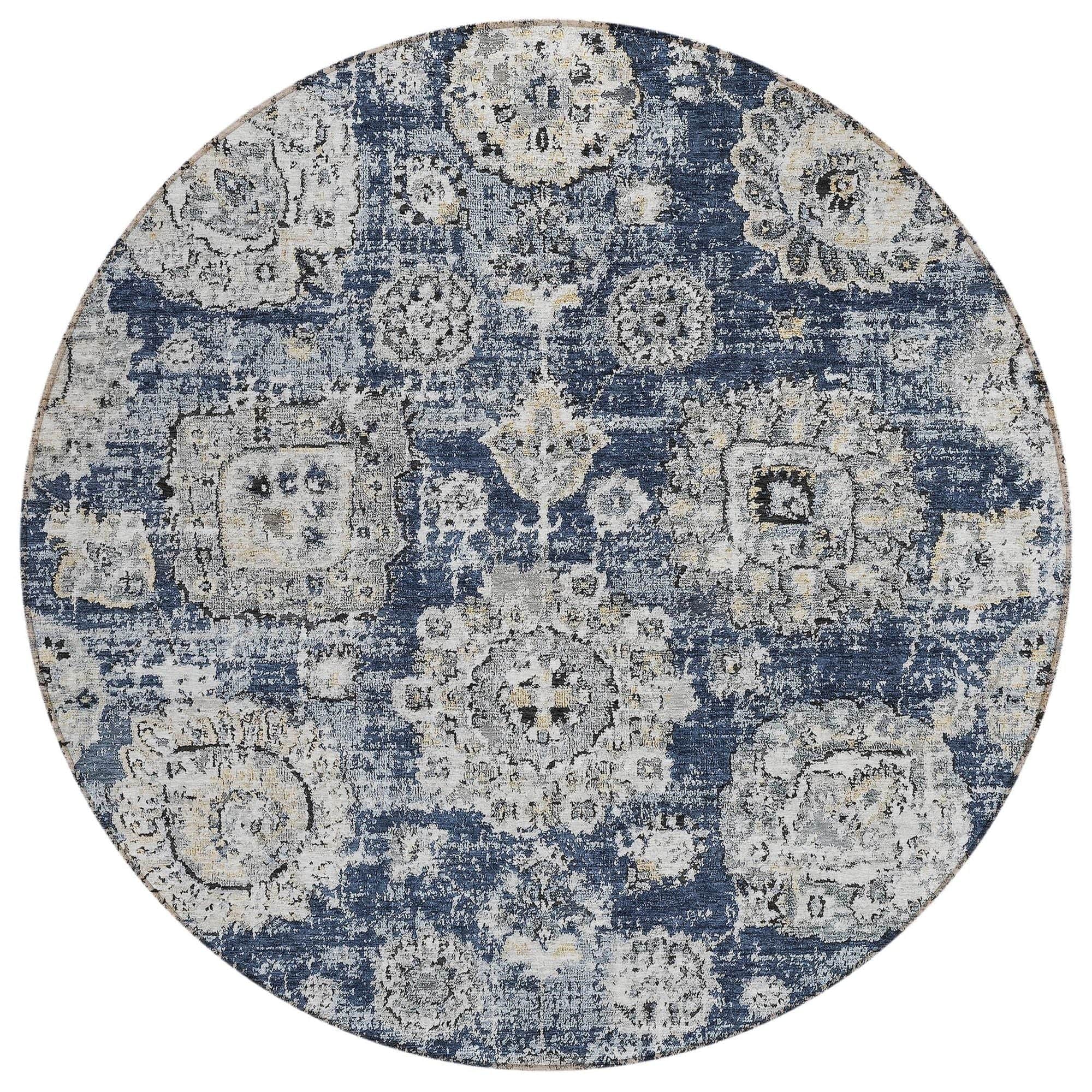 Machine Washable Navy Blue Rug - Indoor / Outdoor - Kids / Pet Friendly Floral Print Rug