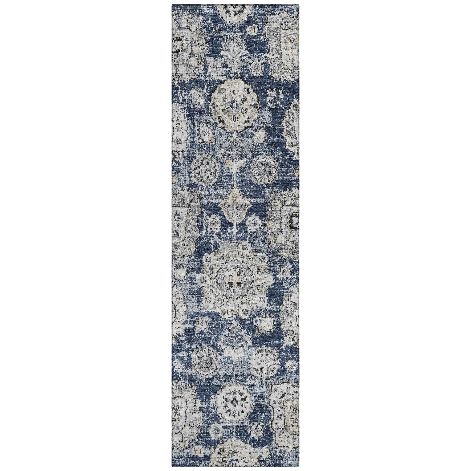 Machine Washable Navy Blue Rug - Indoor / Outdoor - Kids / Pet Friendly Floral Print Rug