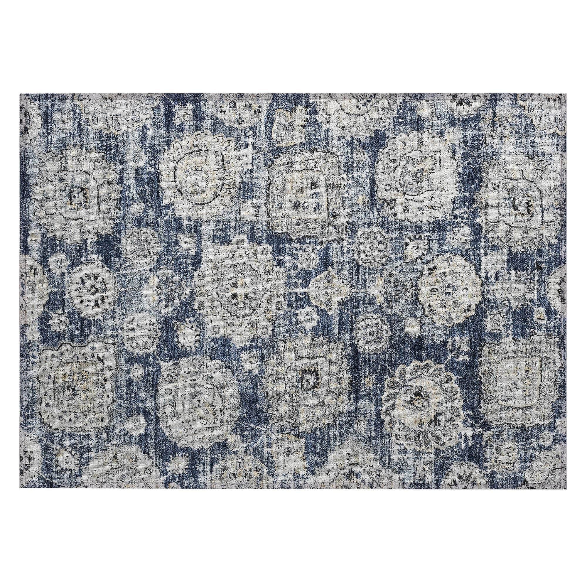 Machine Washable Navy Blue Rug - Indoor / Outdoor - Kids / Pet Friendly Floral Print Rug