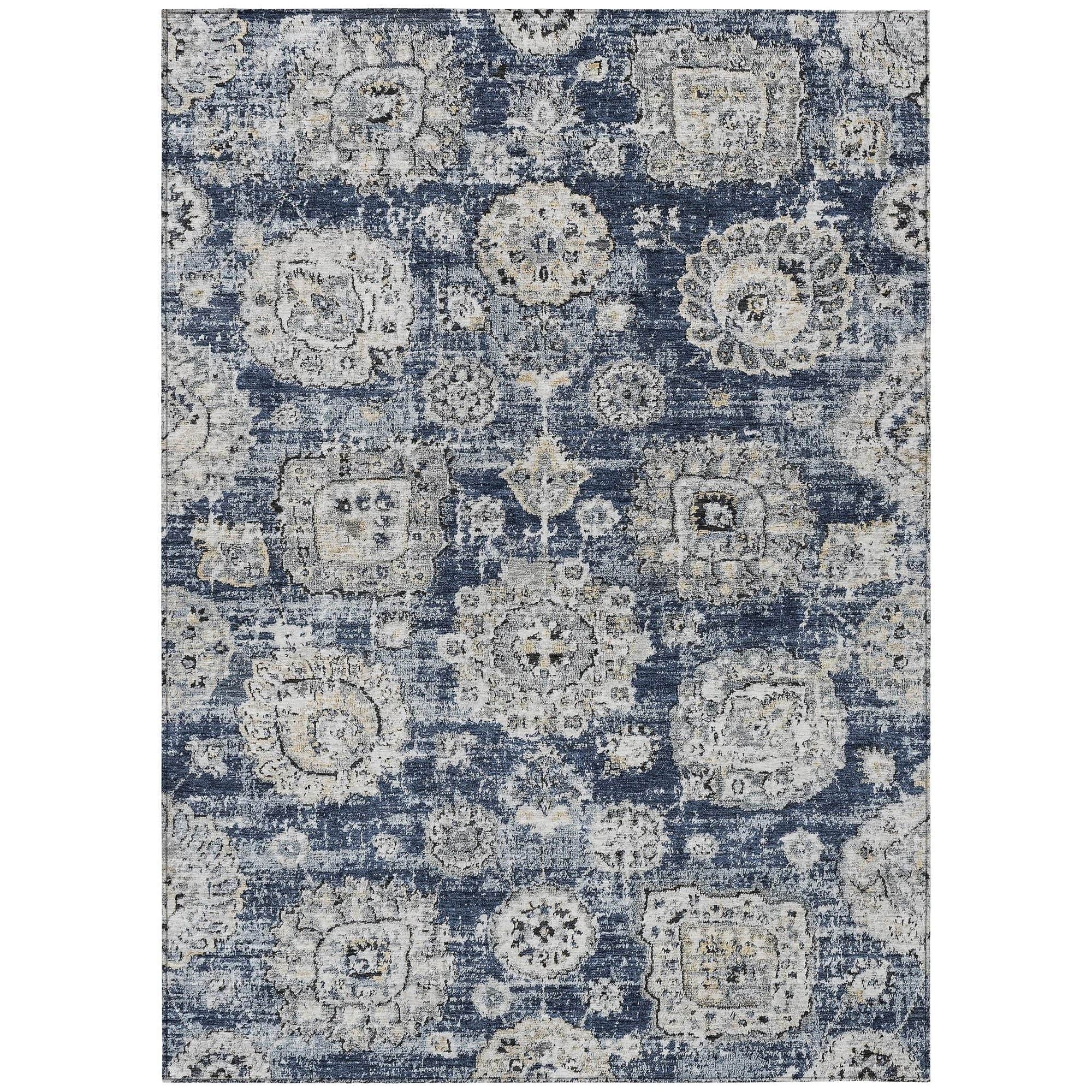Machine Washable Navy Blue Rug - Indoor / Outdoor - Kids / Pet Friendly Floral Print Rug