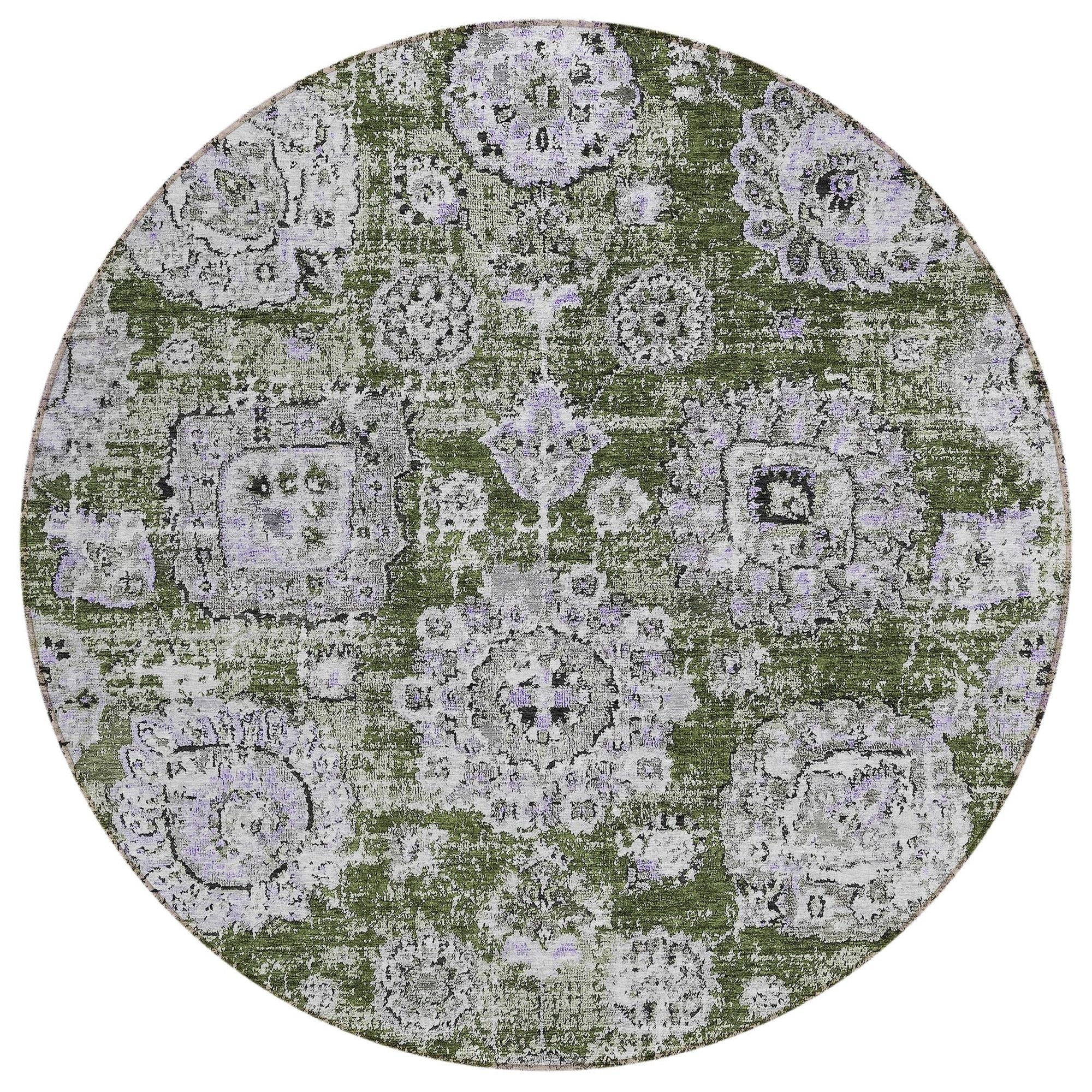 Machine Washable Olive Green Rug - Indoor / Outdoor - Kids / Pet Friendly Floral Print Rug