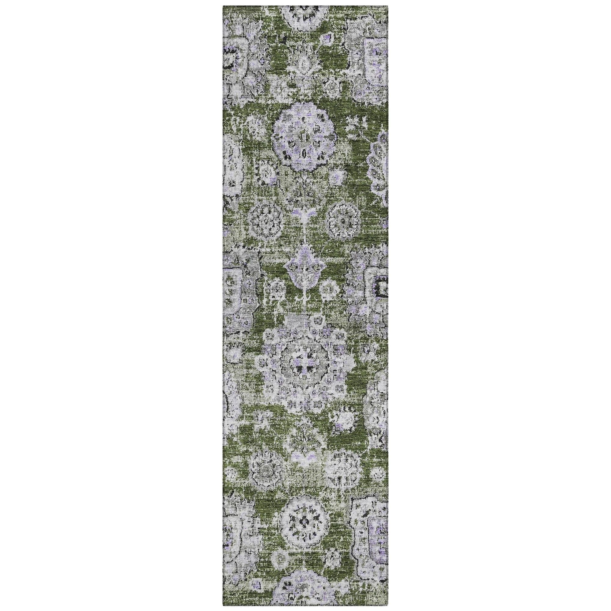 Machine Washable Olive Green Rug - Indoor / Outdoor - Kids / Pet Friendly Floral Print Rug