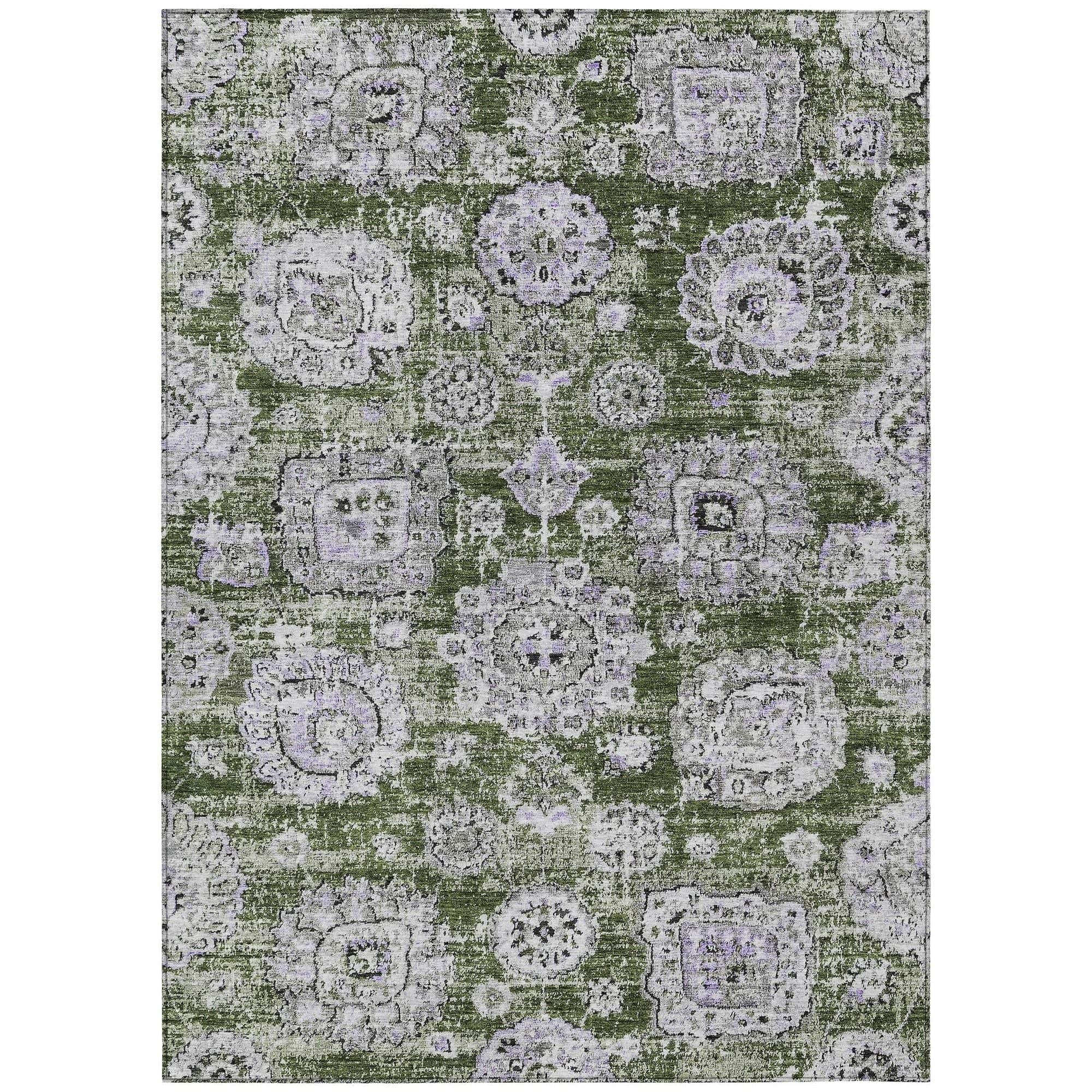 Machine Washable Olive Green Rug - Indoor / Outdoor - Kids / Pet Friendly Floral Print Rug