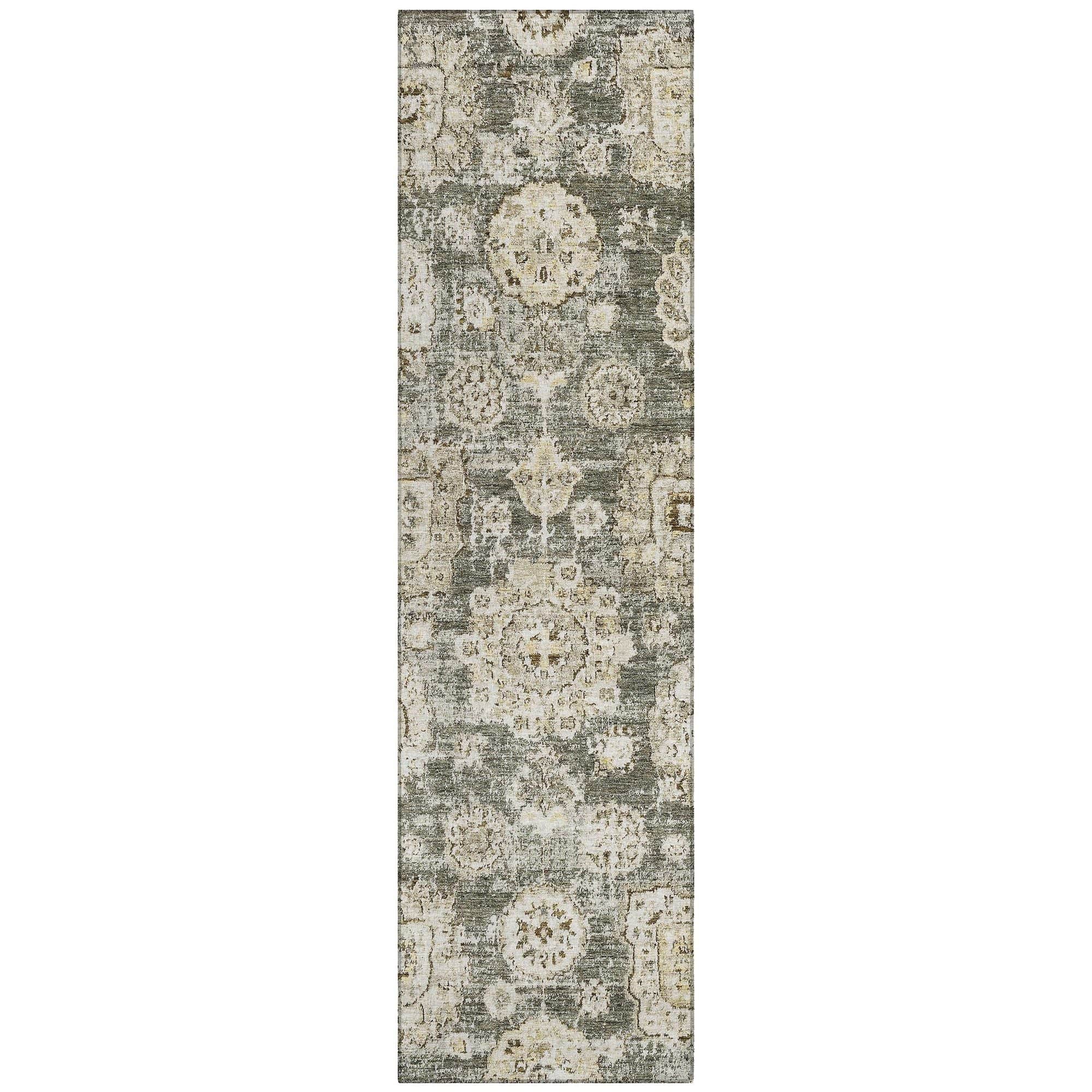 Machine Washable Taupe Brown Rug - Indoor / Outdoor - Kids / Pet Friendly Floral Print Rug