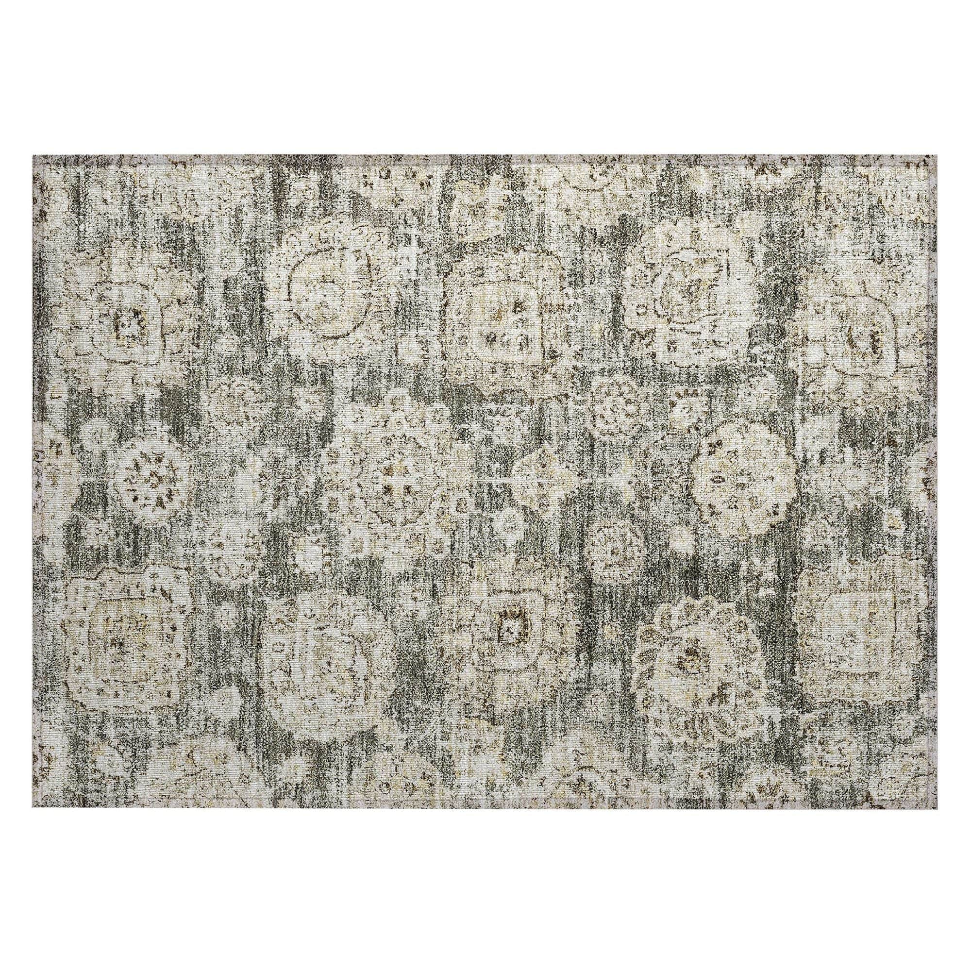 Machine Washable Taupe Brown Rug - Indoor / Outdoor - Kids / Pet Friendly Floral Print Rug