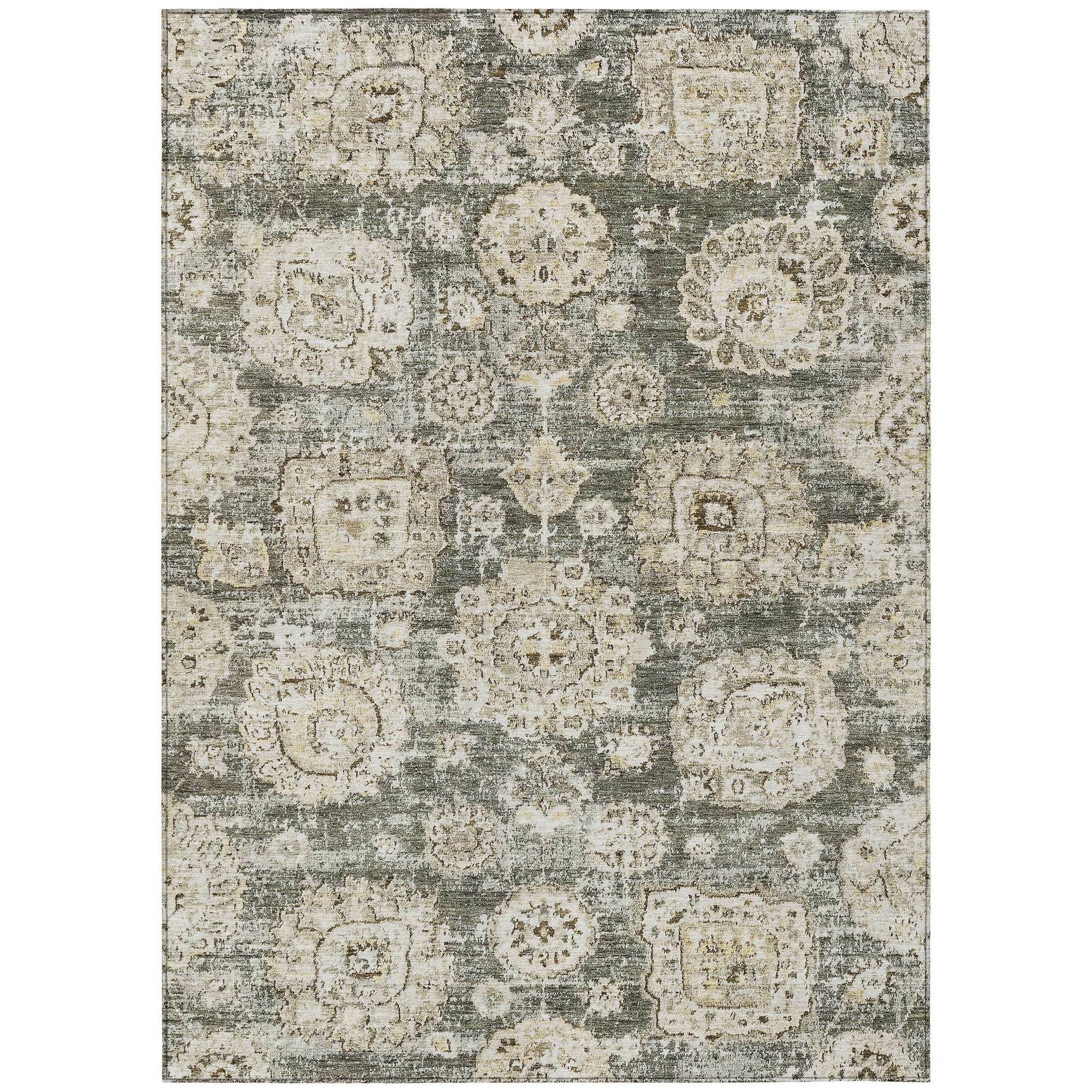 Machine Washable Taupe Brown Rug - Indoor / Outdoor - Kids / Pet Friendly Floral Print Rug