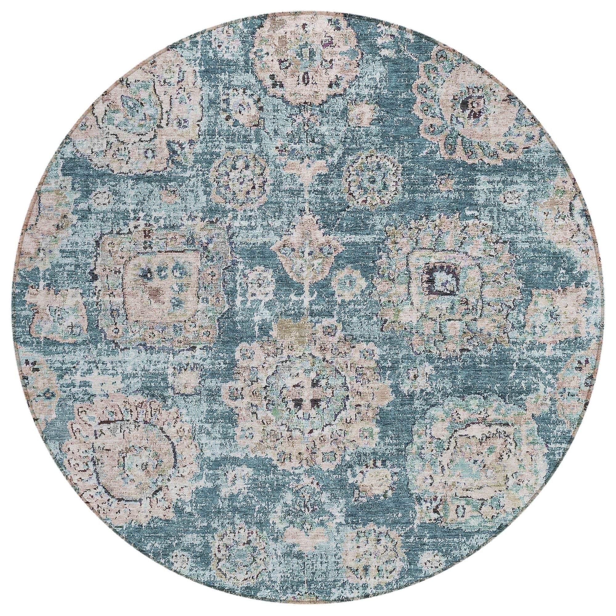 Machine Washable Teal Rug - Indoor / Outdoor - Kids / Pet Friendly Floral Print Rug