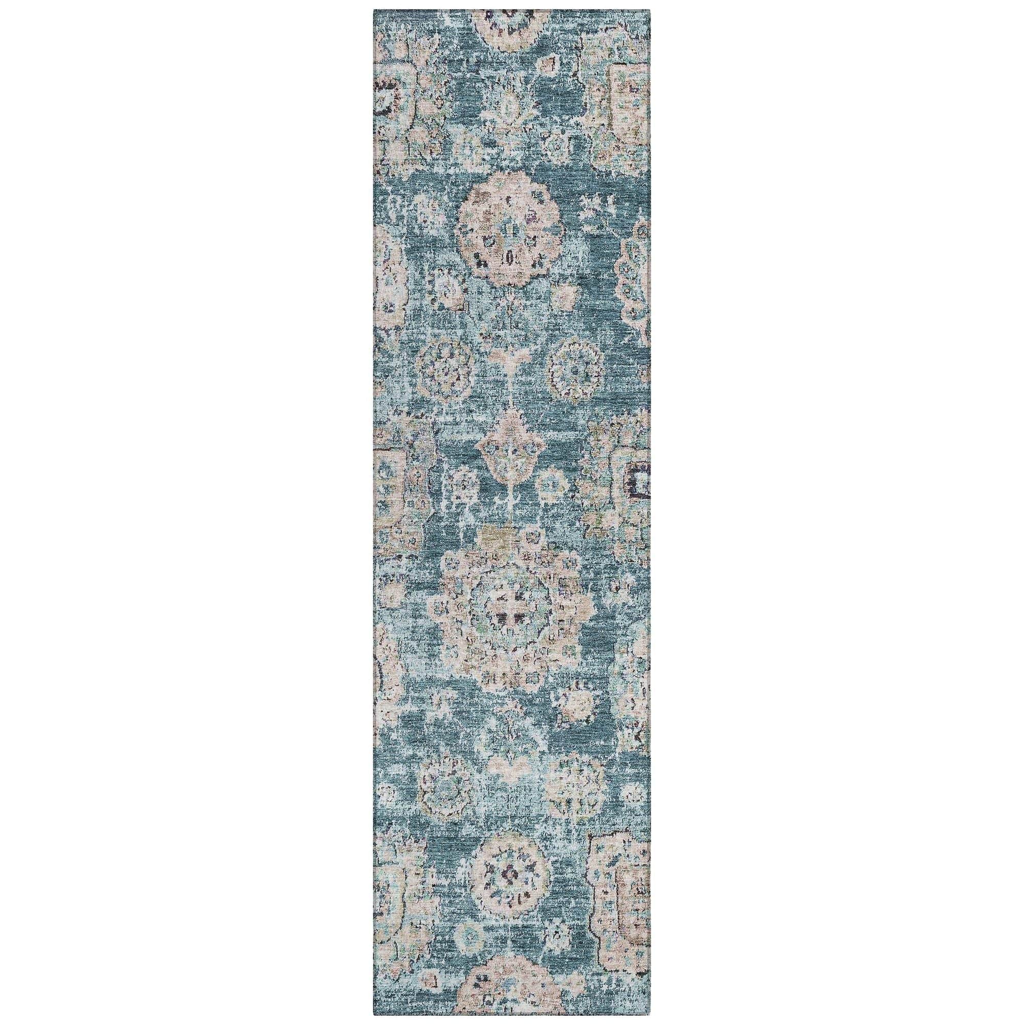 Machine Washable Teal Rug - Indoor / Outdoor - Kids / Pet Friendly Floral Print Rug