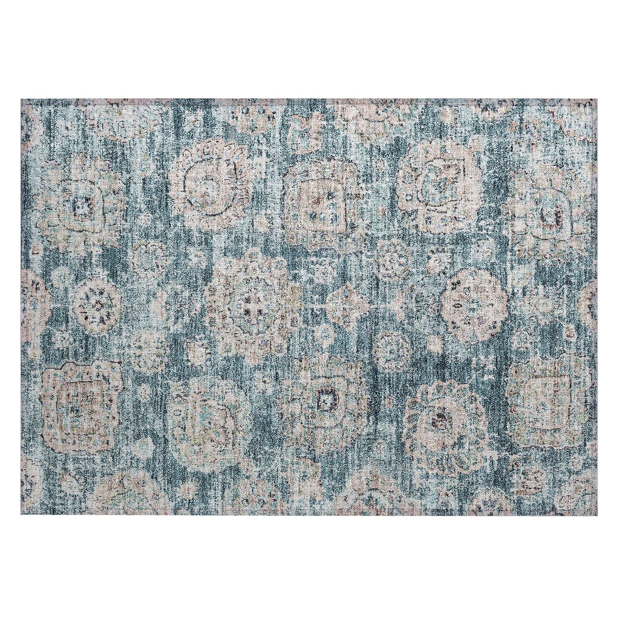 Machine Washable Teal Rug - Indoor / Outdoor - Kids / Pet Friendly Floral Print Rug