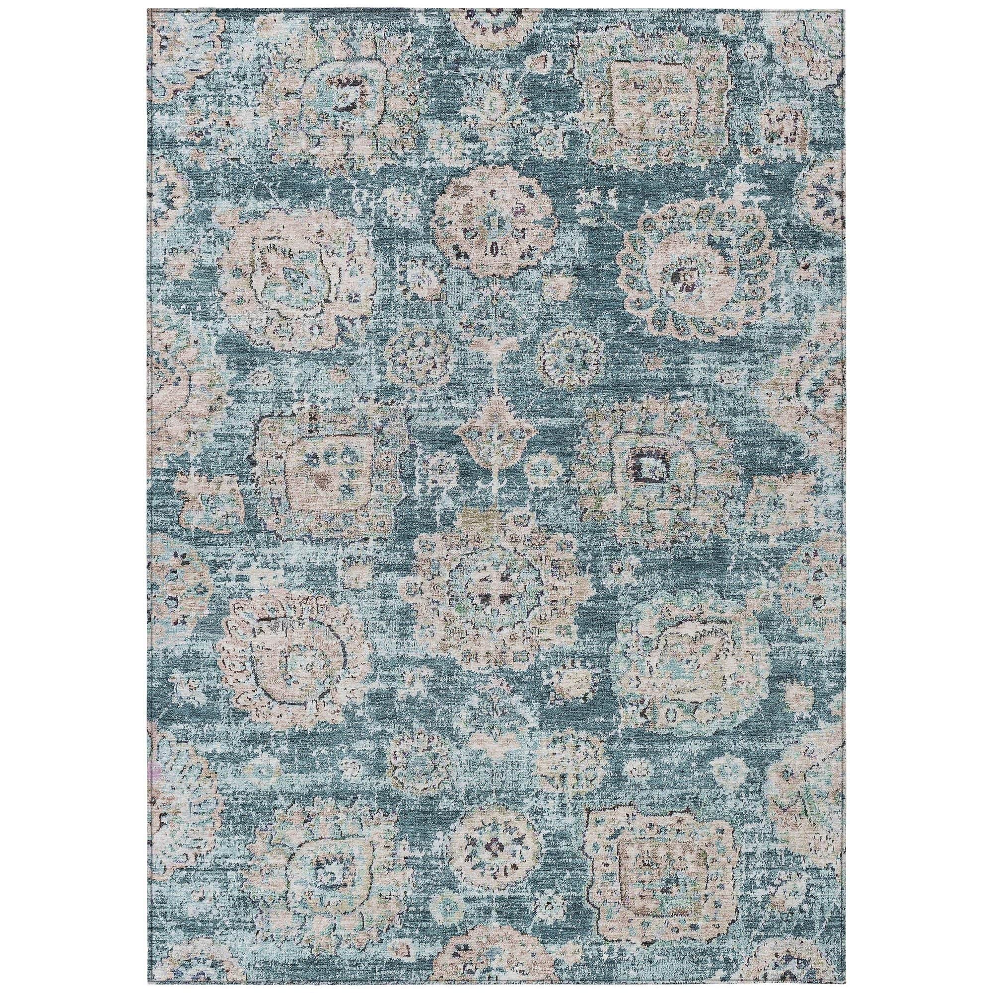 Machine Washable Teal Rug - Indoor / Outdoor - Kids / Pet Friendly Floral Print Rug