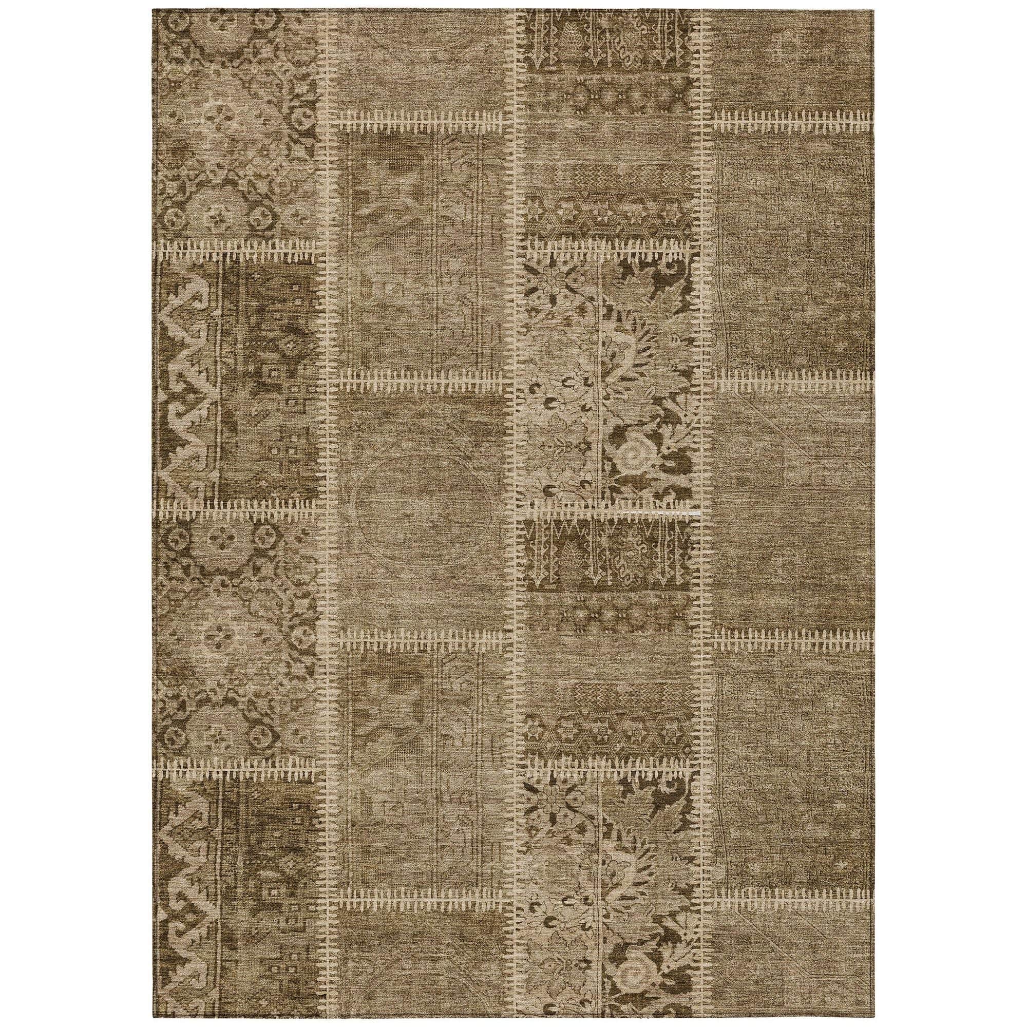 Machine Washable Brown Rug - Indoor / Outdoor - Kids / Pet Friendly Patchwork Print Rug