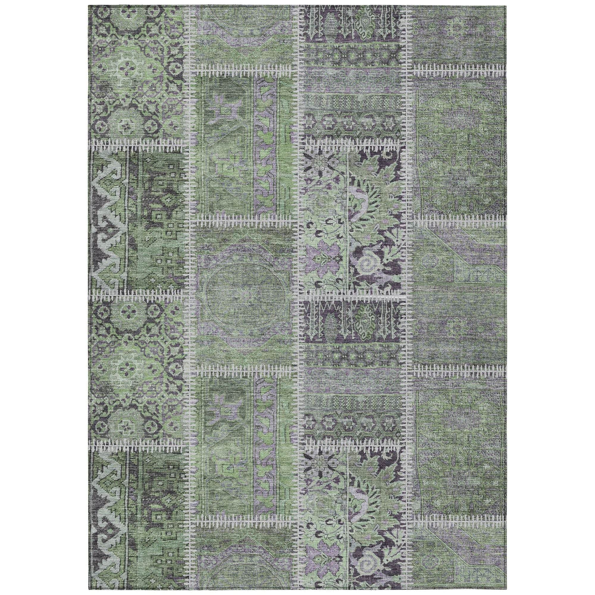 Machine Washable Green Rug - Indoor / Outdoor - Kids / Pet Friendly Patchwork Print Rug