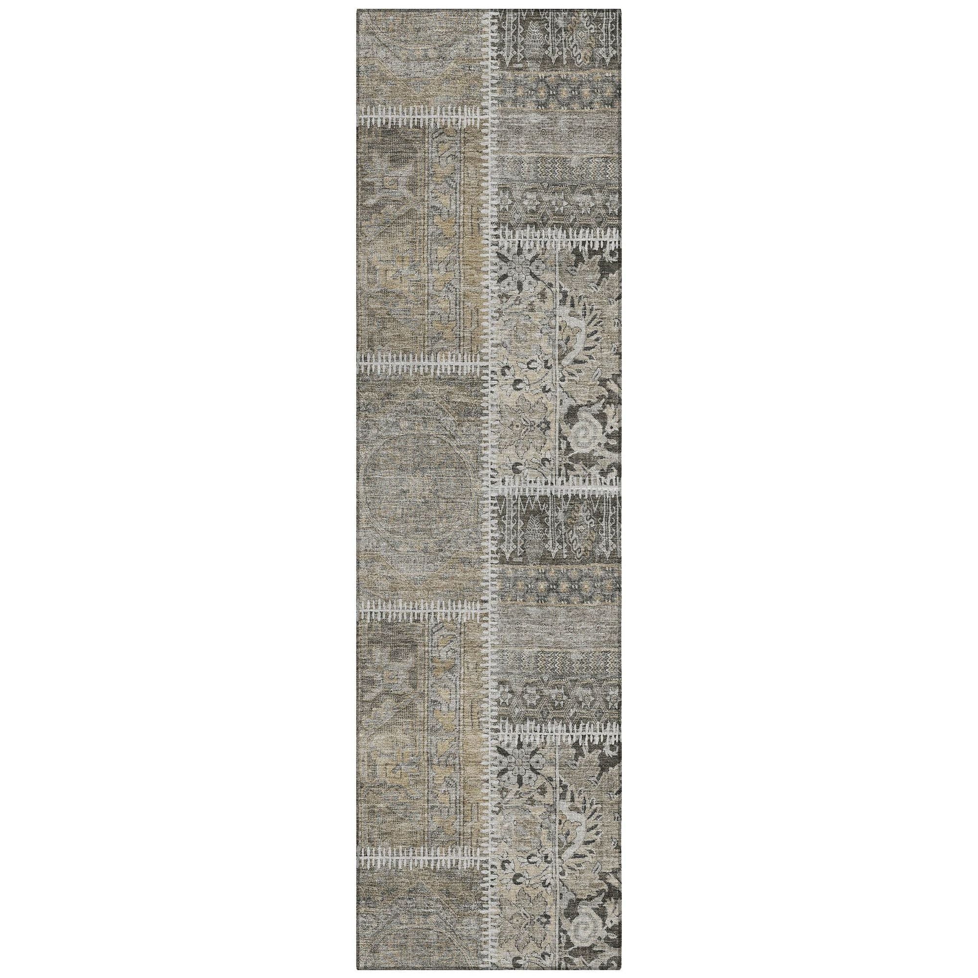 Machine Washable Taupe Brown Rug - Indoor / Outdoor - Kids / Pet Friendly Patchwork Print Rug