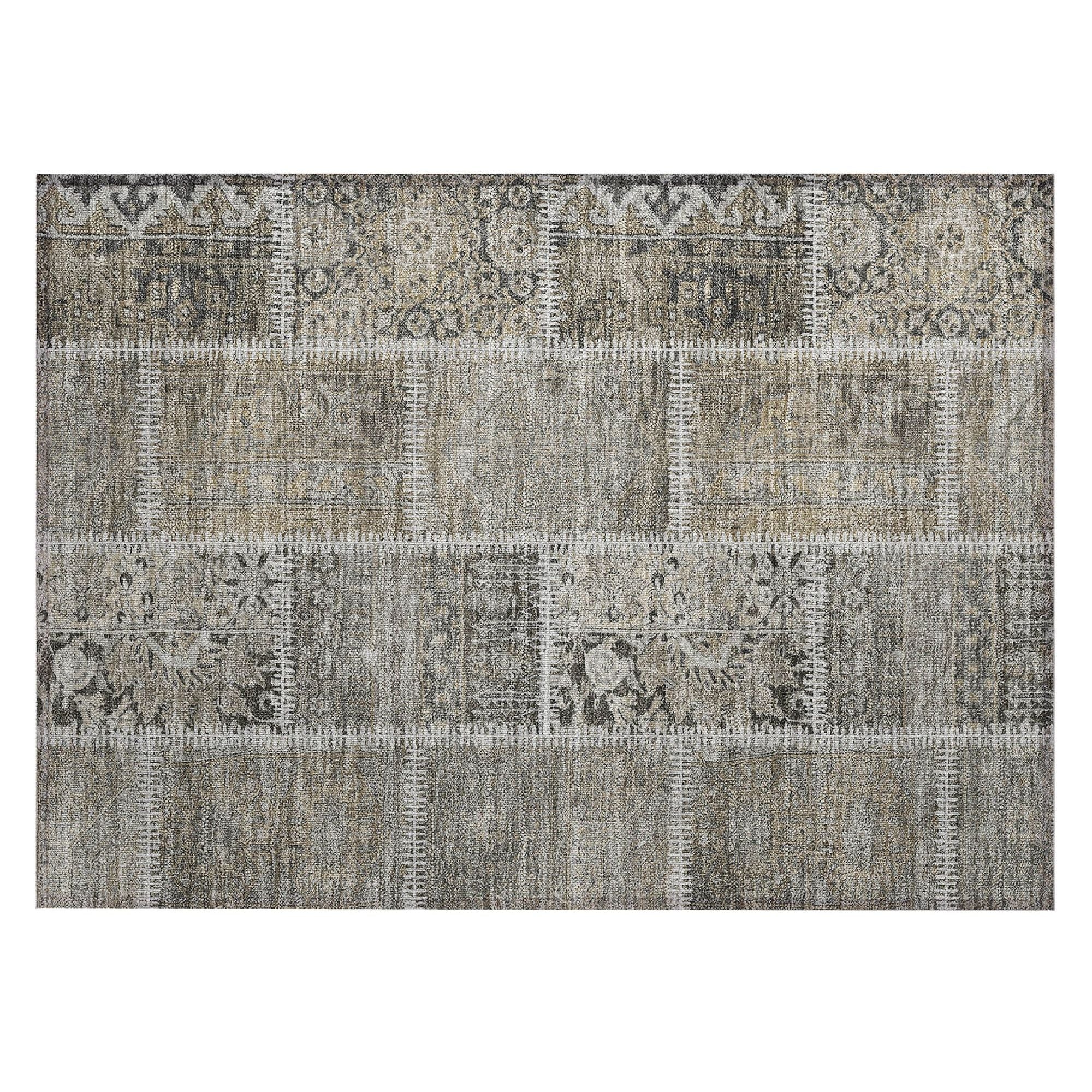 Machine Washable Taupe Brown Rug - Indoor / Outdoor - Kids / Pet Friendly Patchwork Print Rug