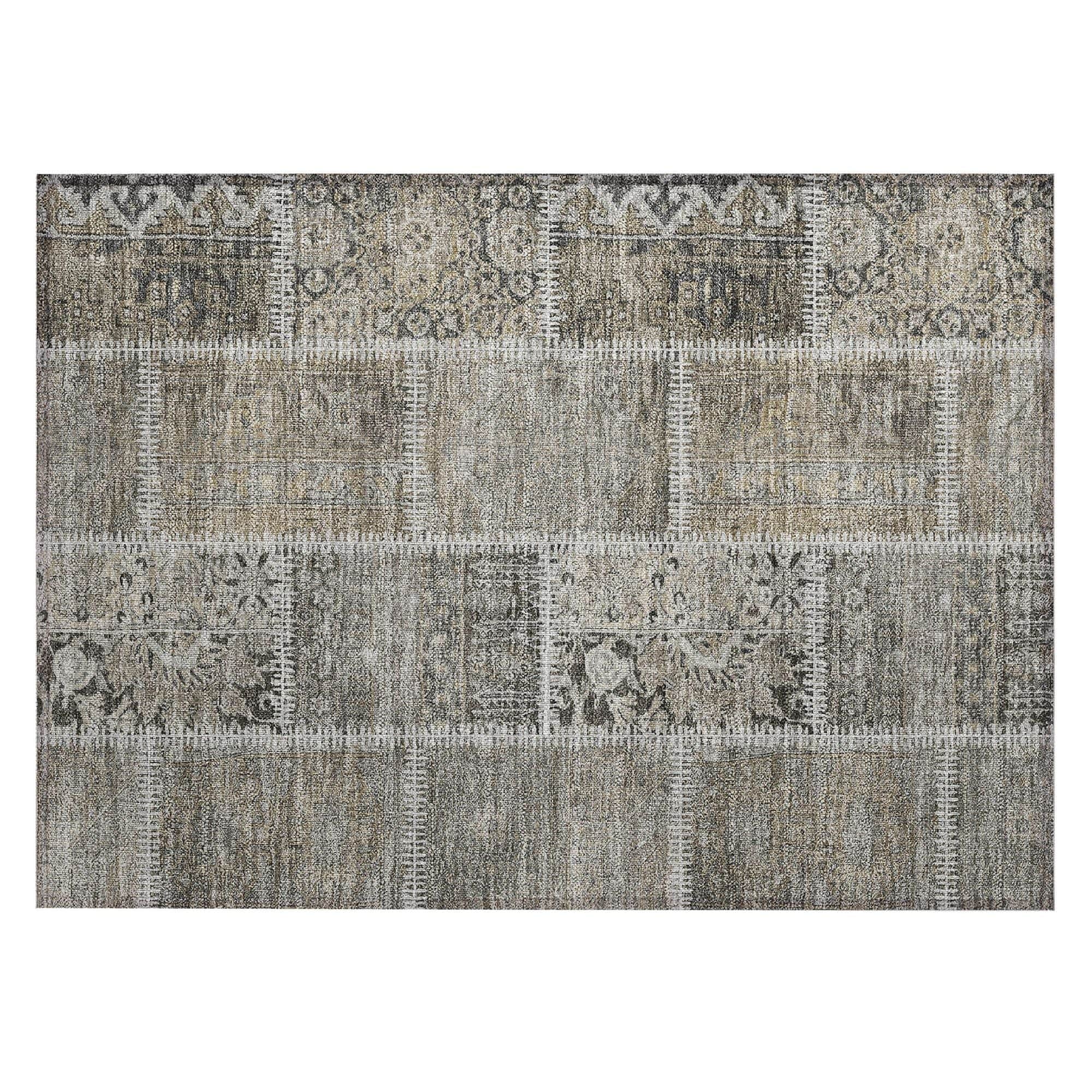 Machine Washable Taupe Brown Rug - Indoor / Outdoor - Kids / Pet Friendly Patchwork Print Rug