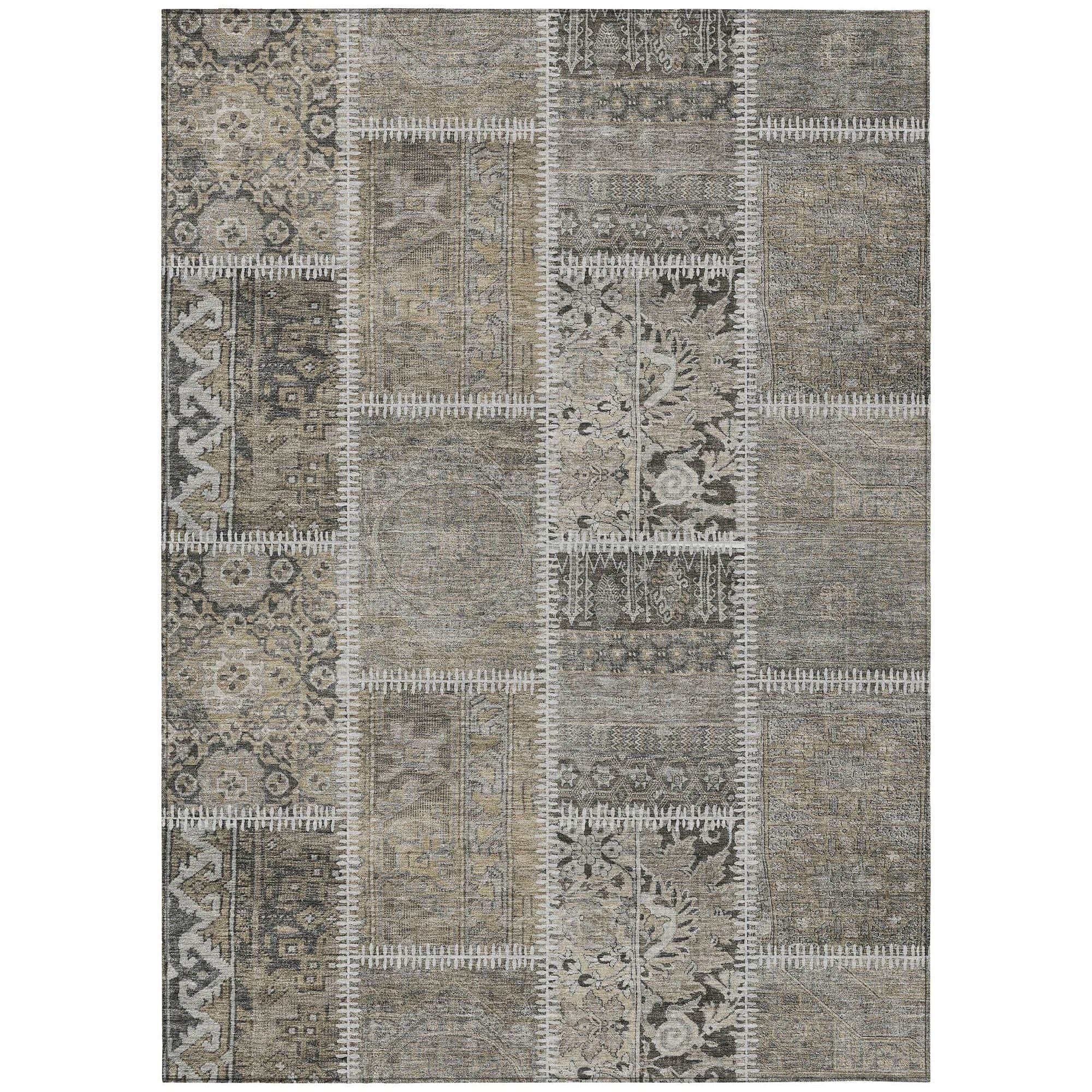 Machine Washable Taupe Brown Rug - Indoor / Outdoor - Kids / Pet Friendly Patchwork Print Rug