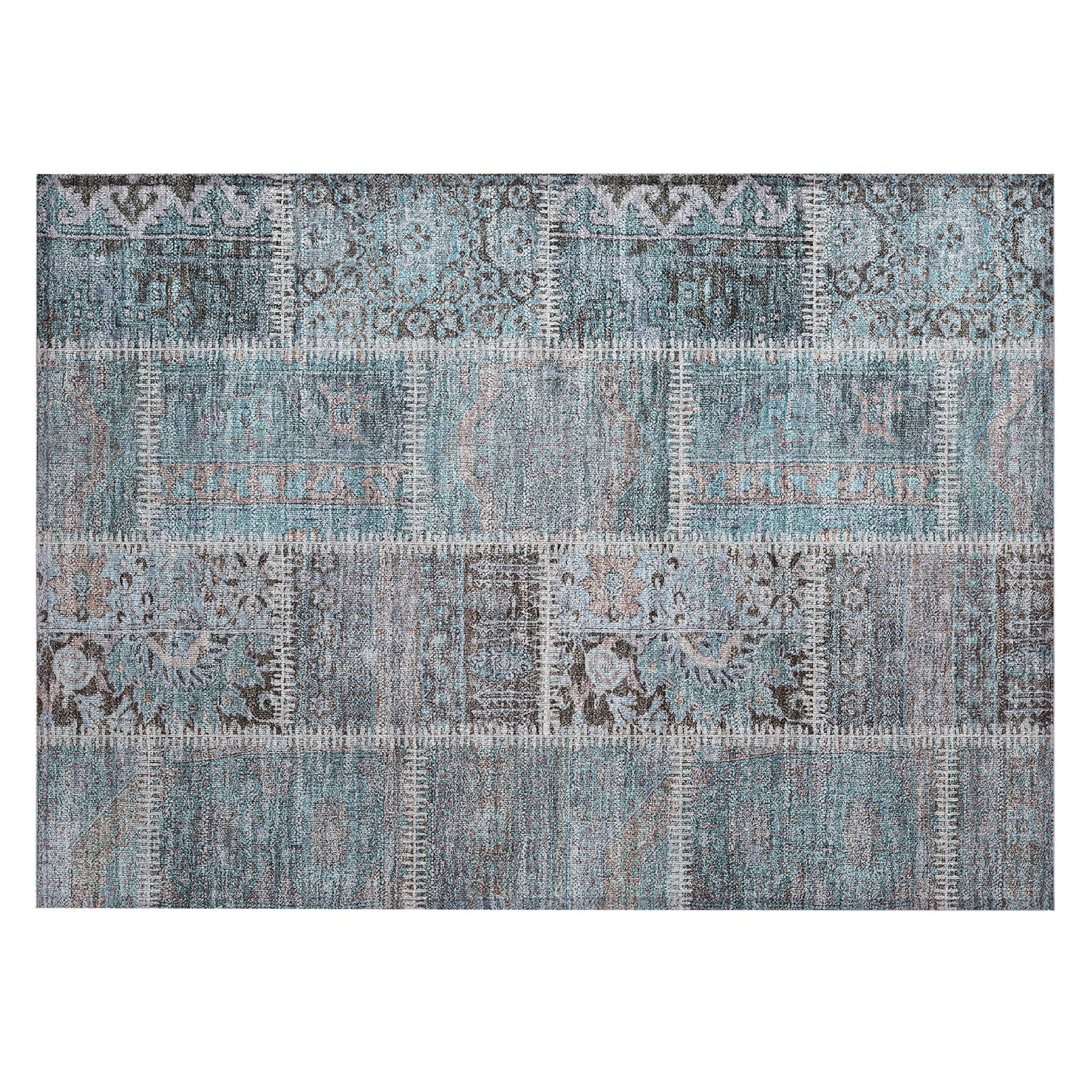 Machine Washable Teal Rug - Indoor / Outdoor - Kids / Pet Friendly Patchwork Print Rug