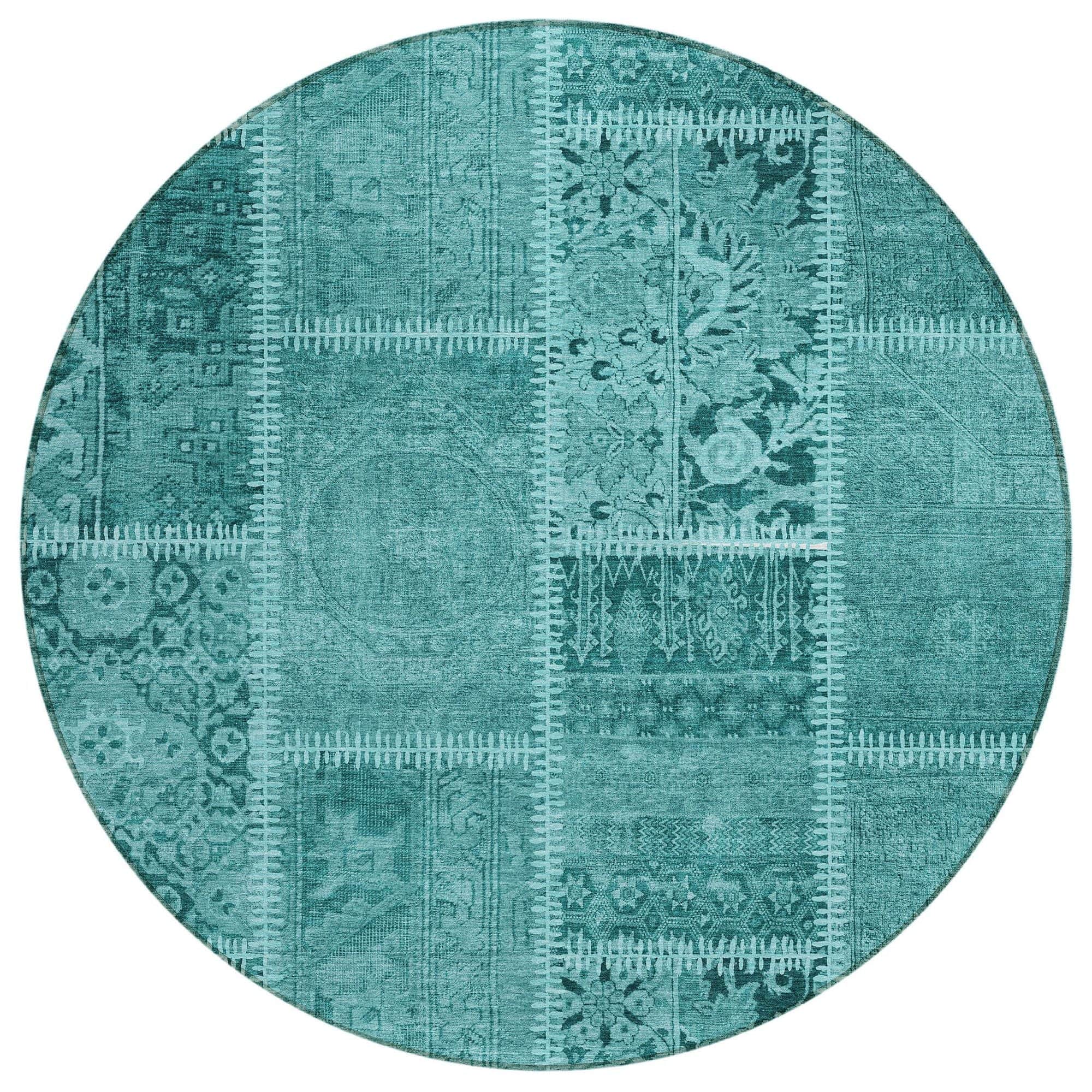 Machine Washable Turquoise Teal Rug - Indoor / Outdoor - Kids / Pet Friendly Patchwork Print Rug