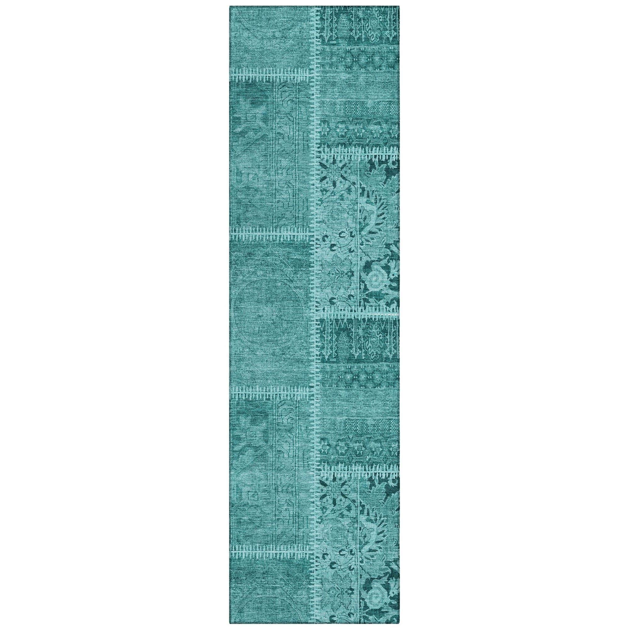 Machine Washable Turquoise Teal Rug - Indoor / Outdoor - Kids / Pet Friendly Patchwork Print Rug